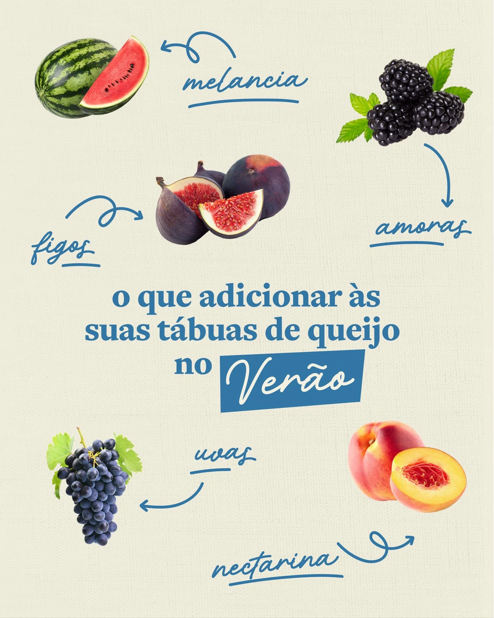 Dias quentes pedem t&aacute;buas mais frescas. 🧀

Estas s&atilde;o as nossas combina&ccedil;&otilde;es favoritas para dar cor e frescura &agrave;s suas t&aacute;buas de queijo este Ver&atilde;o.

💡 Dica de servir: Junte a fruta bem fresca (sa&iacut