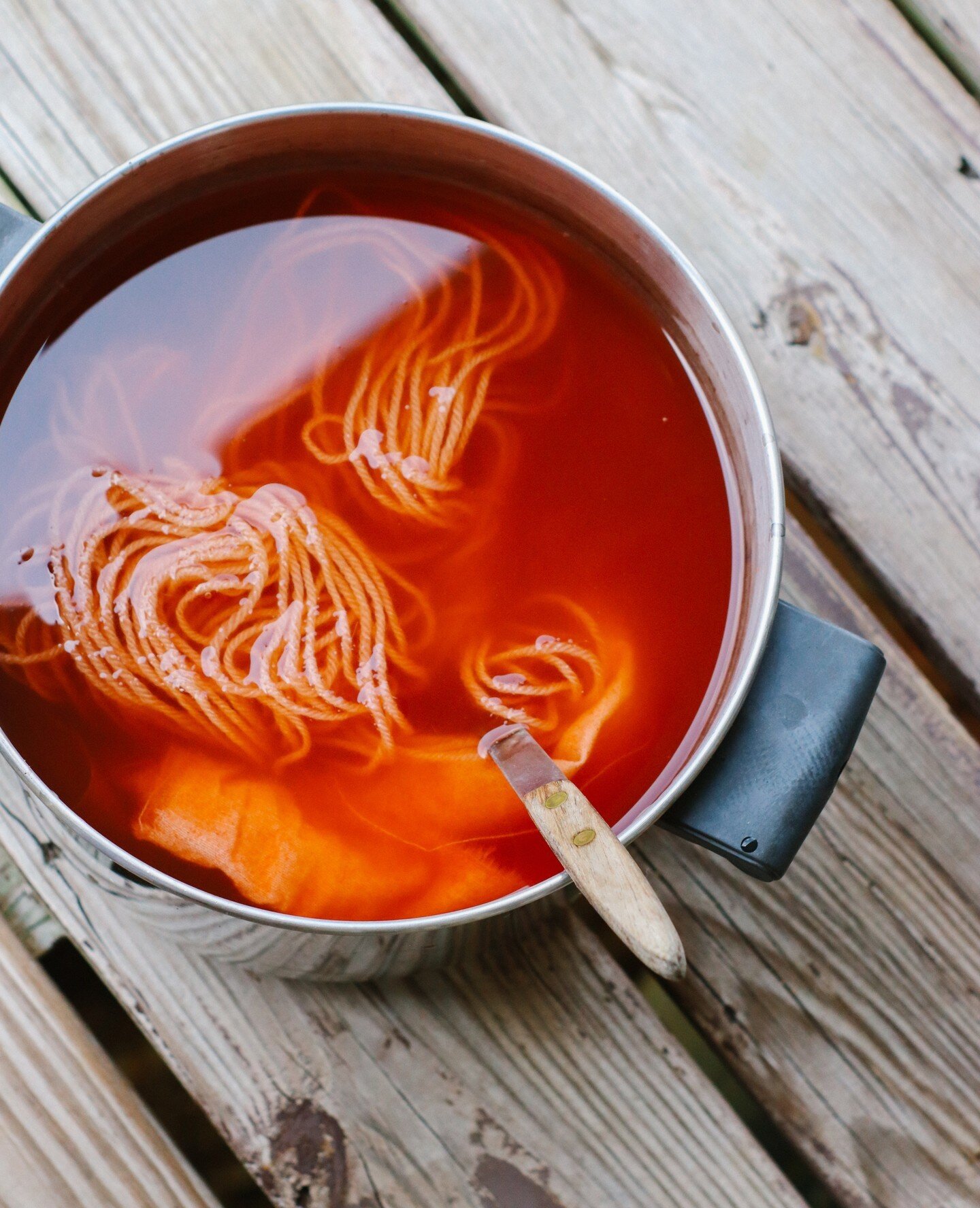 Red Sandalwood (not the scented kind) produces a bright orange-red dye bath that I was hoping would yield colors just as strong! I saved the paste in case I need to use it again later, but the results were surprising--check them out on our Season of 