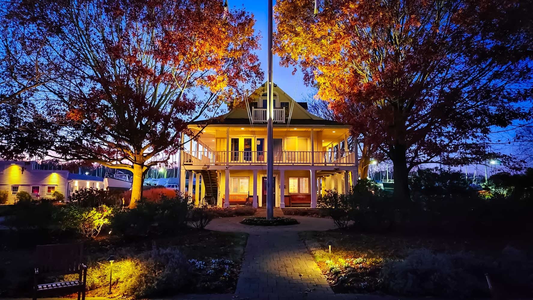 The marina office at night.