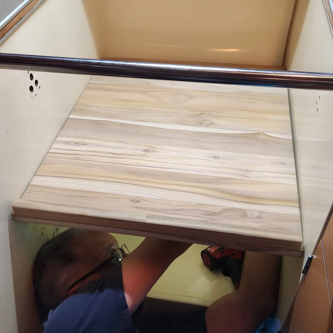 I&rsquo;m reworking the stove area on Mary Waters&mdash;no propane&mdash;all electric. My brother built shelving to store the oven and other galley appliances.

#sailingmarywaters #svmarywaters #woodworking #galley #boatgalley #sailinglife