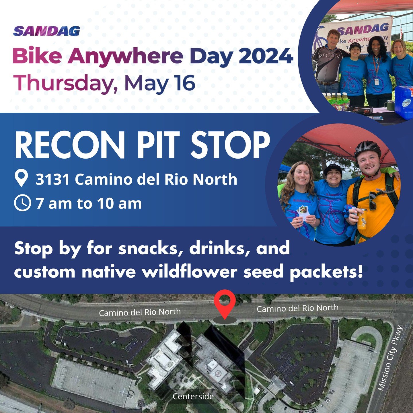 We look forward to seeing you on Thursday @reconenv&rsquo;s Pit Stop for SANDAG&rsquo;s Bike Anywhere Day 2024. From 7-10 a.m. stop by for free snacks, drinks, get an event t-shirt, and pick up our custom native wildflower seed packets. 

Visit SANDA