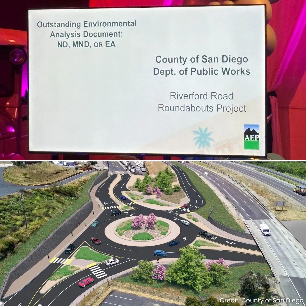 #congratulations to the @sd_county_dpw for the 2025 @aepsandiego Award for the Riverford Road Roundabouts MND. The project will construct two roundabouts near the existing State Route 67 (SR-67)/Riverford Road interchange in Lakeside, to relieve loca
