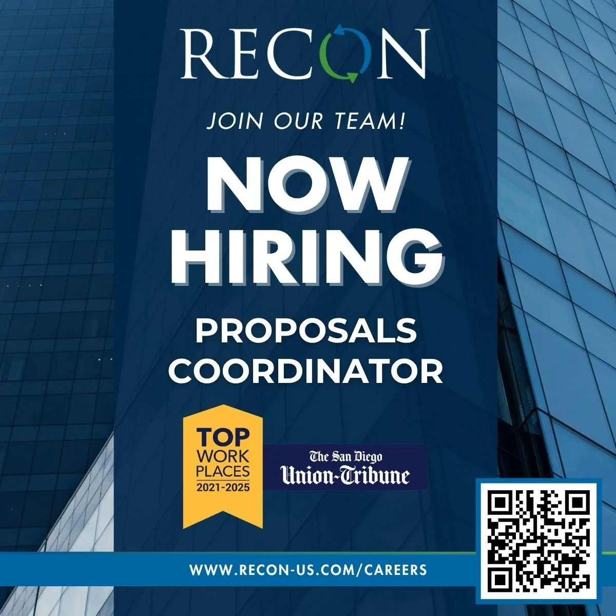 We are looking for a detail-oriented Proposals Coordinator to join our team! Learn more on our website: www.recon-us.com/careers

#proposals #proposalscoordinator #SanDiegoJobs #Hiring