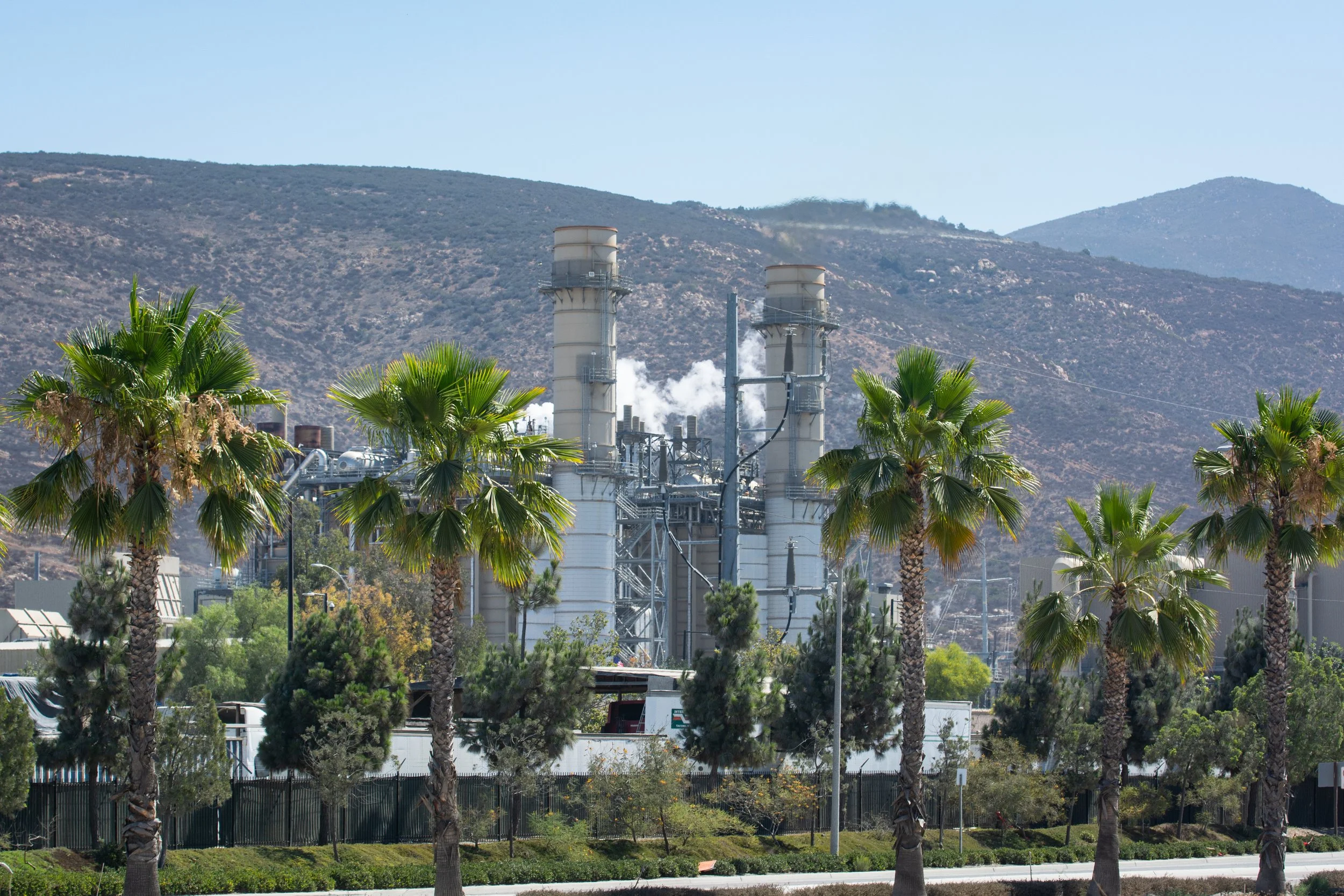 Industrial plant with smokestacks behind palm trees, mountains in the background.