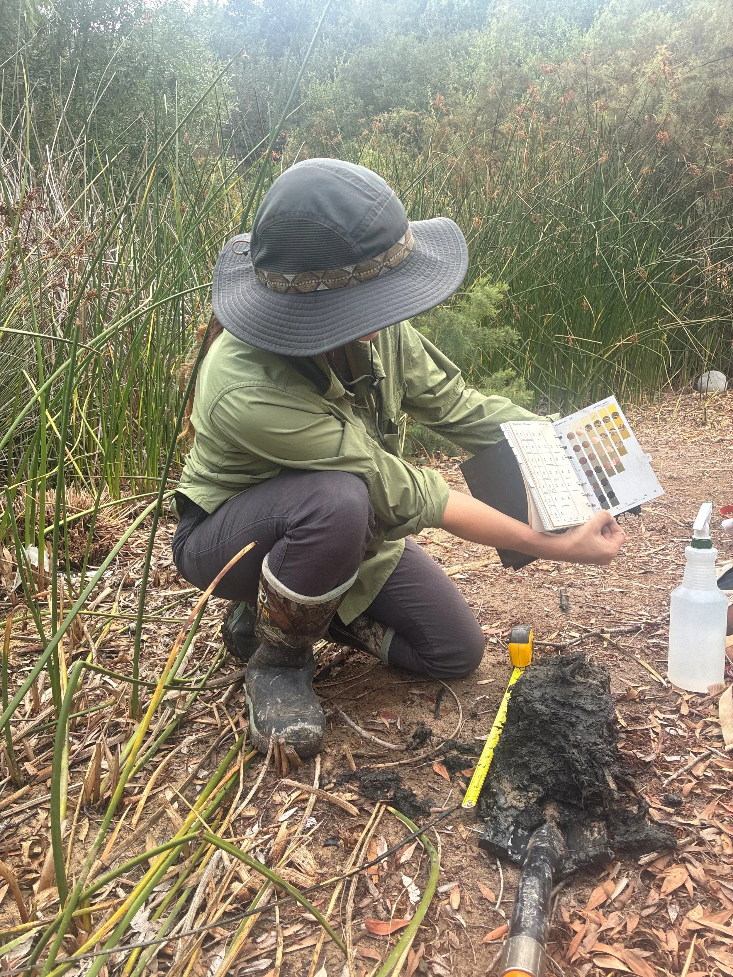 A person kneeling on the ground in a marshy area, wearing a wide-brimmed hat and outdoor clothing, examining soil samples with a color chart, measuring tape, and spray bottle nearby.