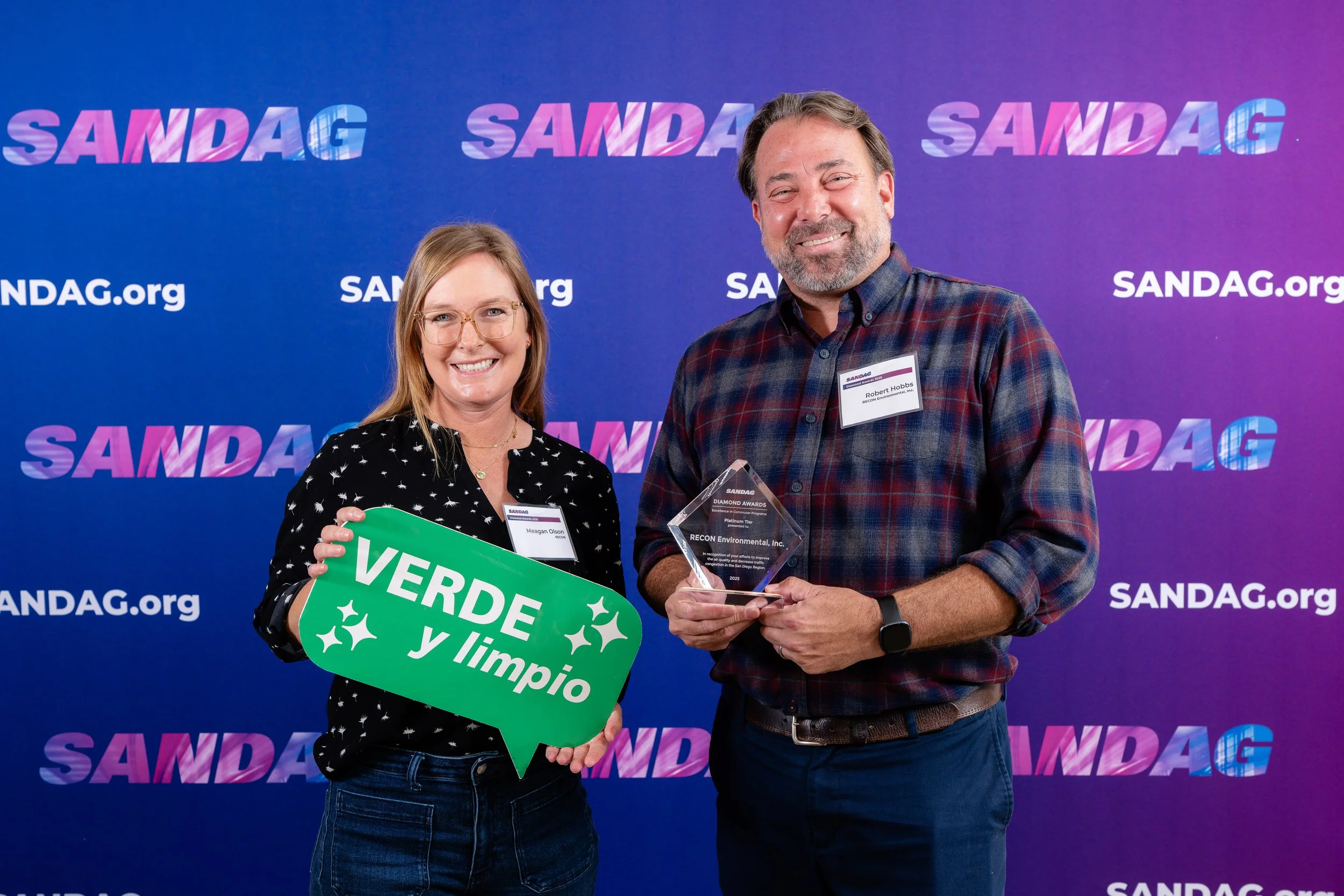 Meagan Olson and Rob Hobbs are featured accepting the SANDAG 2025 Diamond Award for RECON
