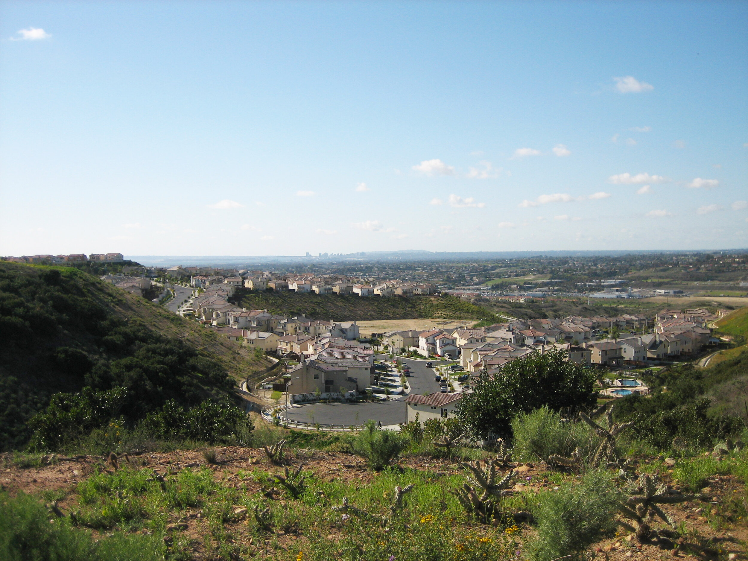 Suburban neighborhood with houses on hillside and expansive view of cityscape in background under clear sky.