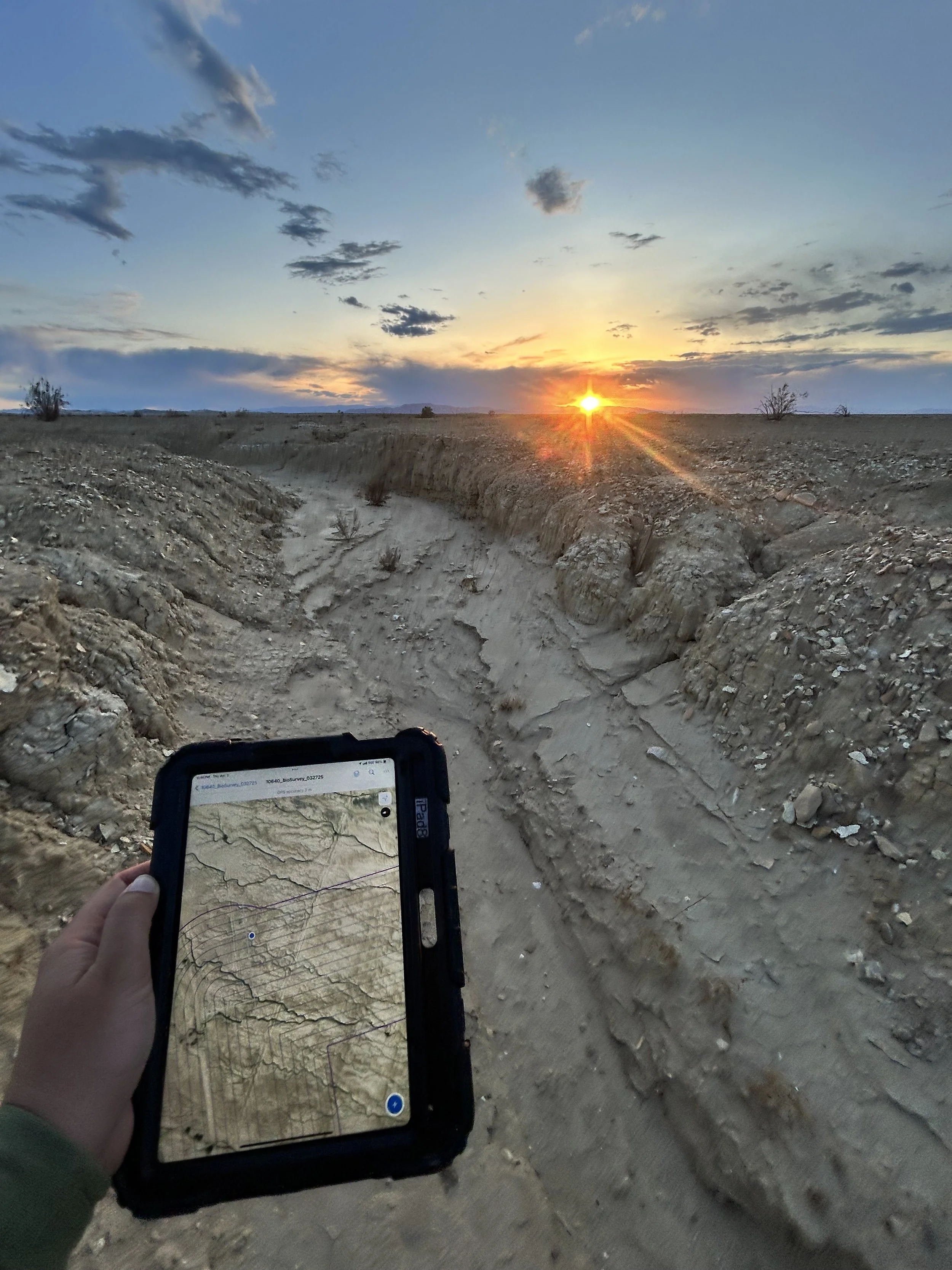 Person holding a GPS device in a desert landscape during sunset, with a dry, cracked riverbed and a few sparse bushes.
