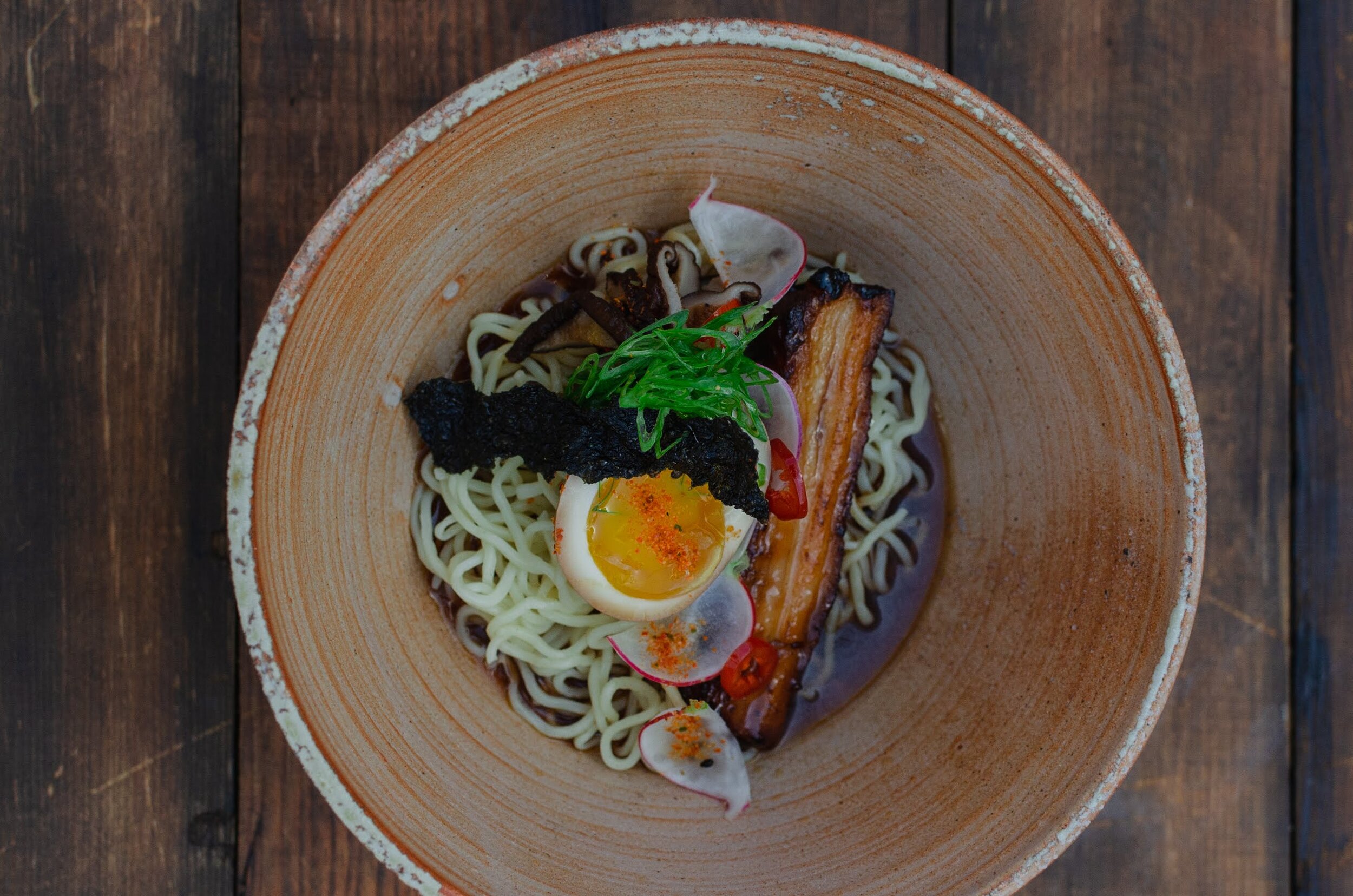  Shoyu Ramen with braised pork belly and a soft-cooked egg 