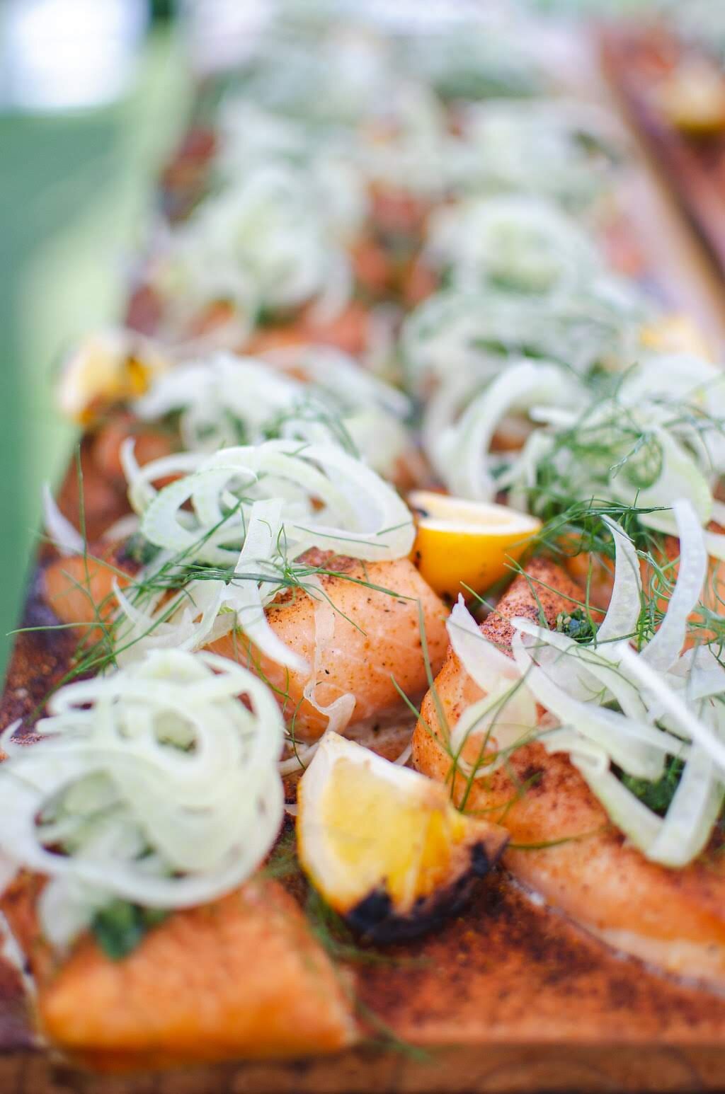  Cedar Planked Grill Salmon, Fennel, Charred Lemon 