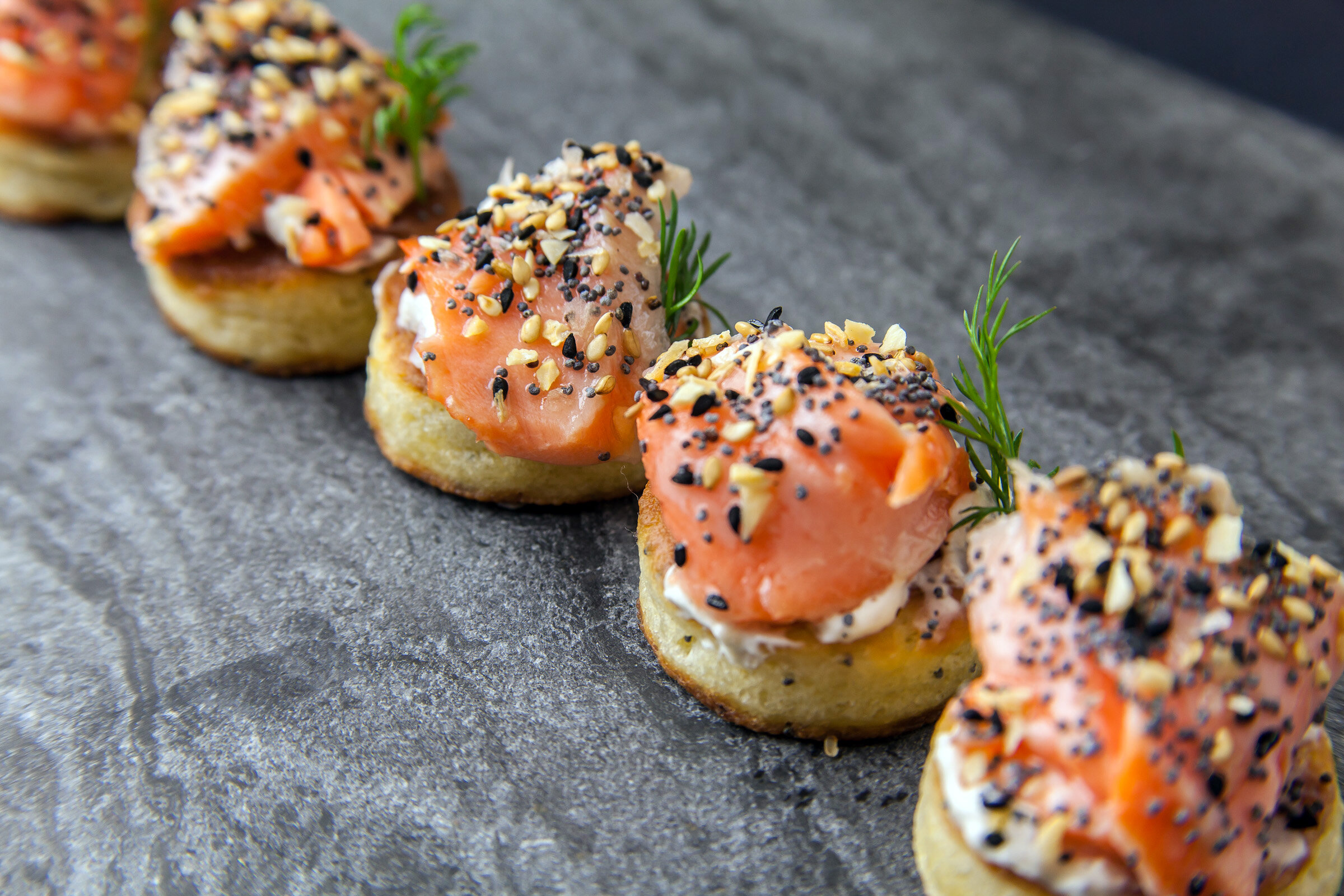  Smoked Salmon, English Muffin, Creme Fraiche, Everything Bagel Spice Hors d’Ouevre 