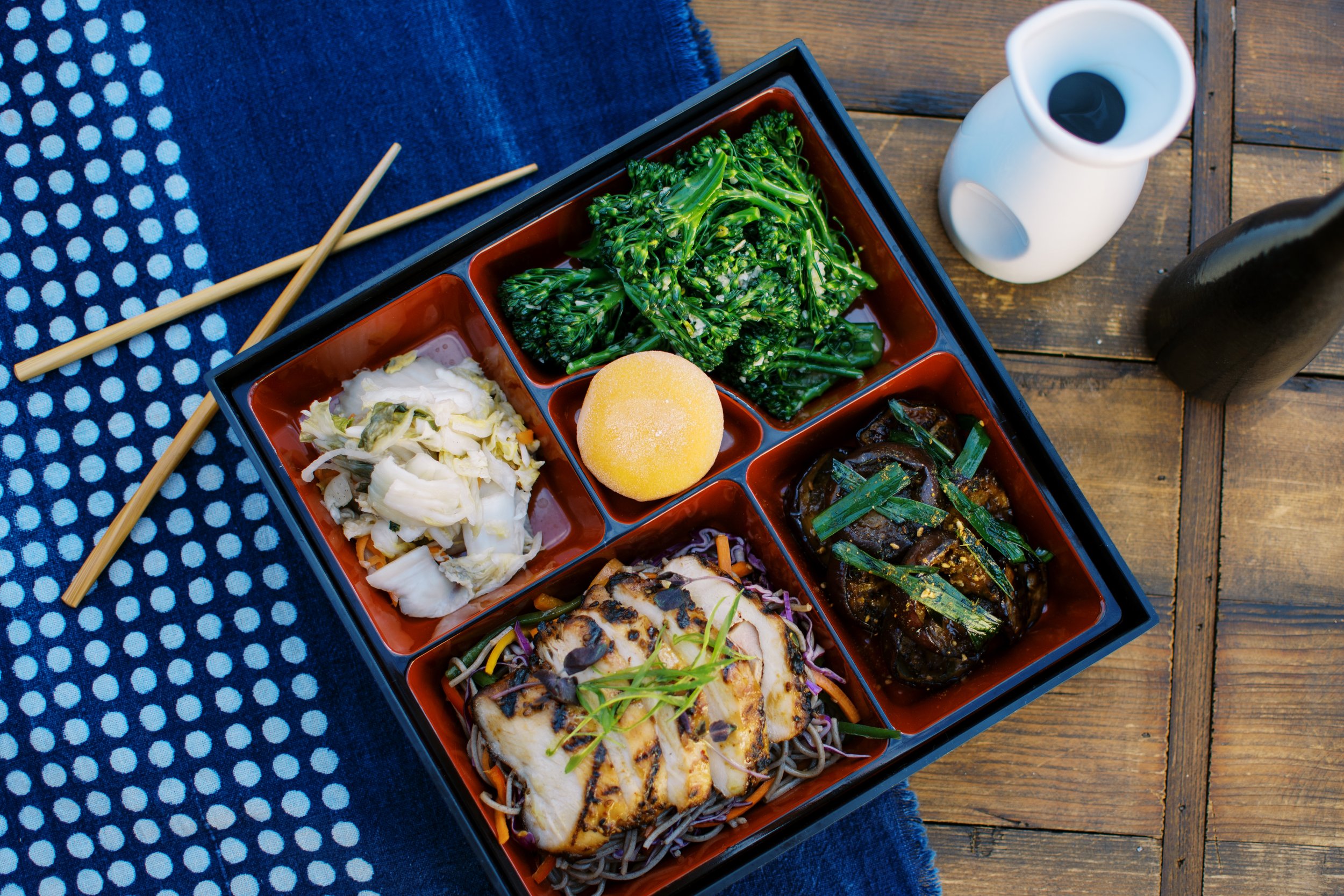  Bento Box of Chicken Dakkochi,Buckwheat Noodle Salad,Sesame-Chile Glazed Eggplant,Banchan, Mochi 