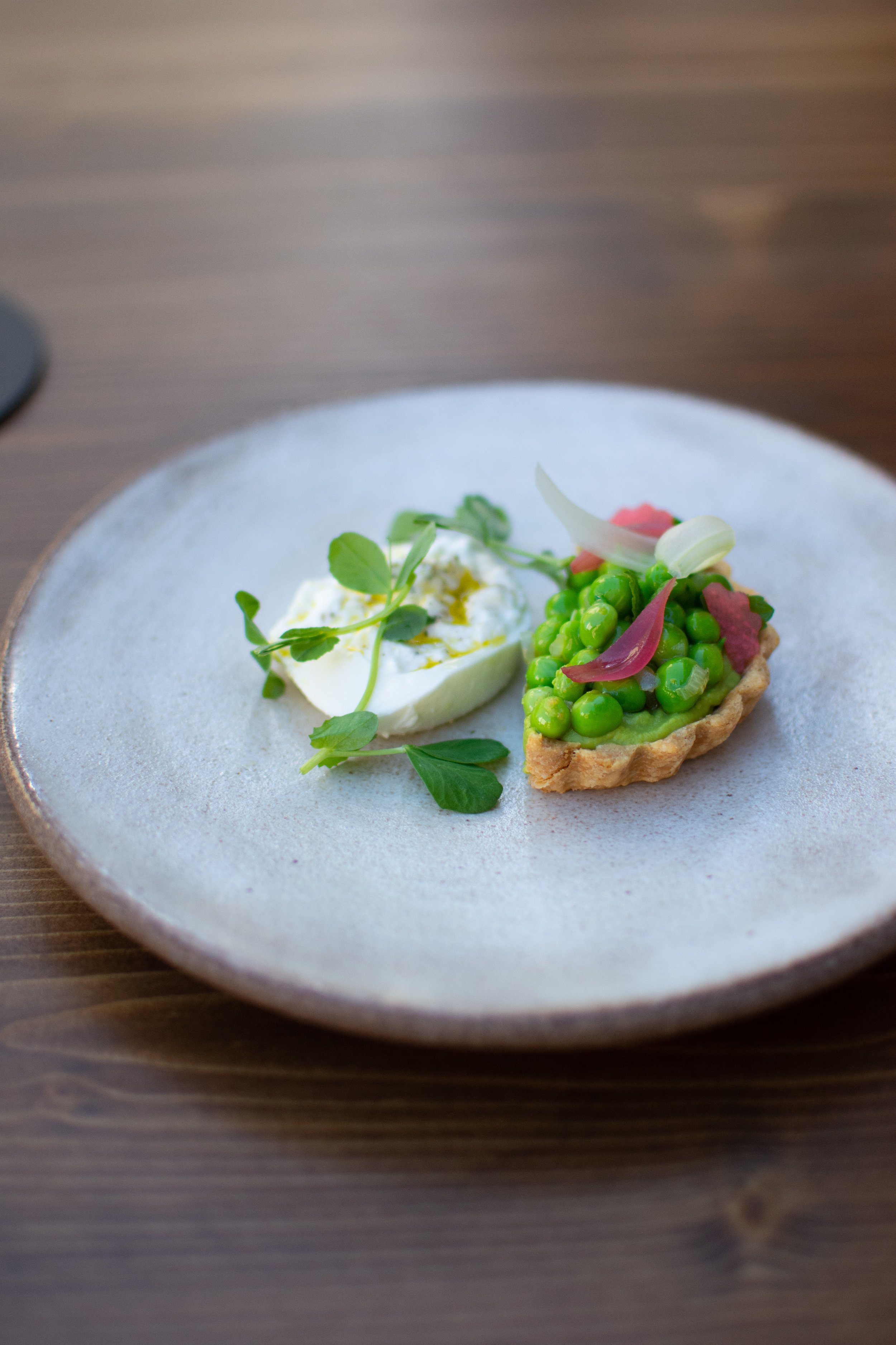  Sweet Pea Tart, Burrata, Shaved Watermelon Radish, Green Garlic, Pea Shoots  