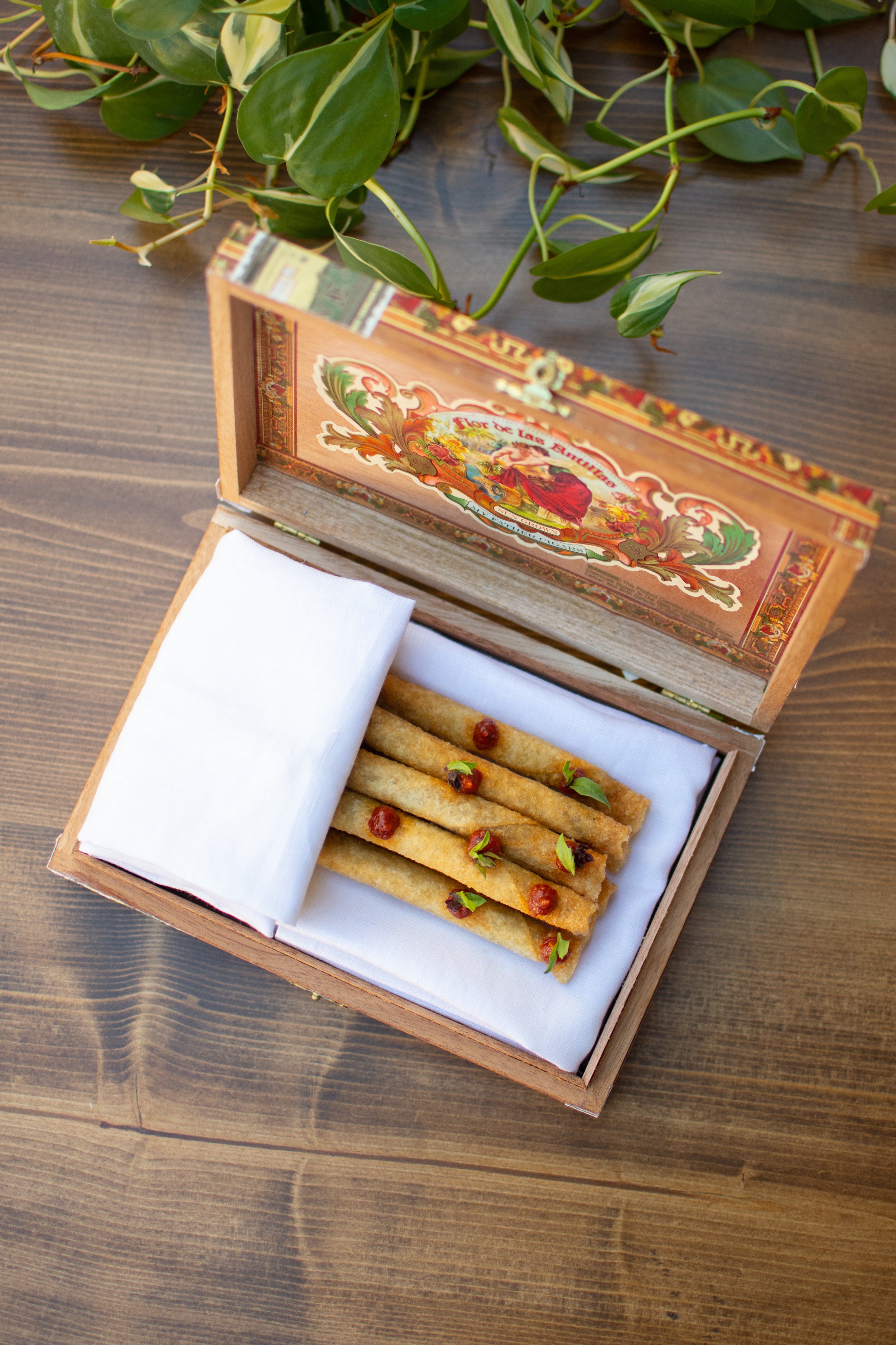  Sardine in Feuilles de Brick, Tomato Conversa served in a cigar box 