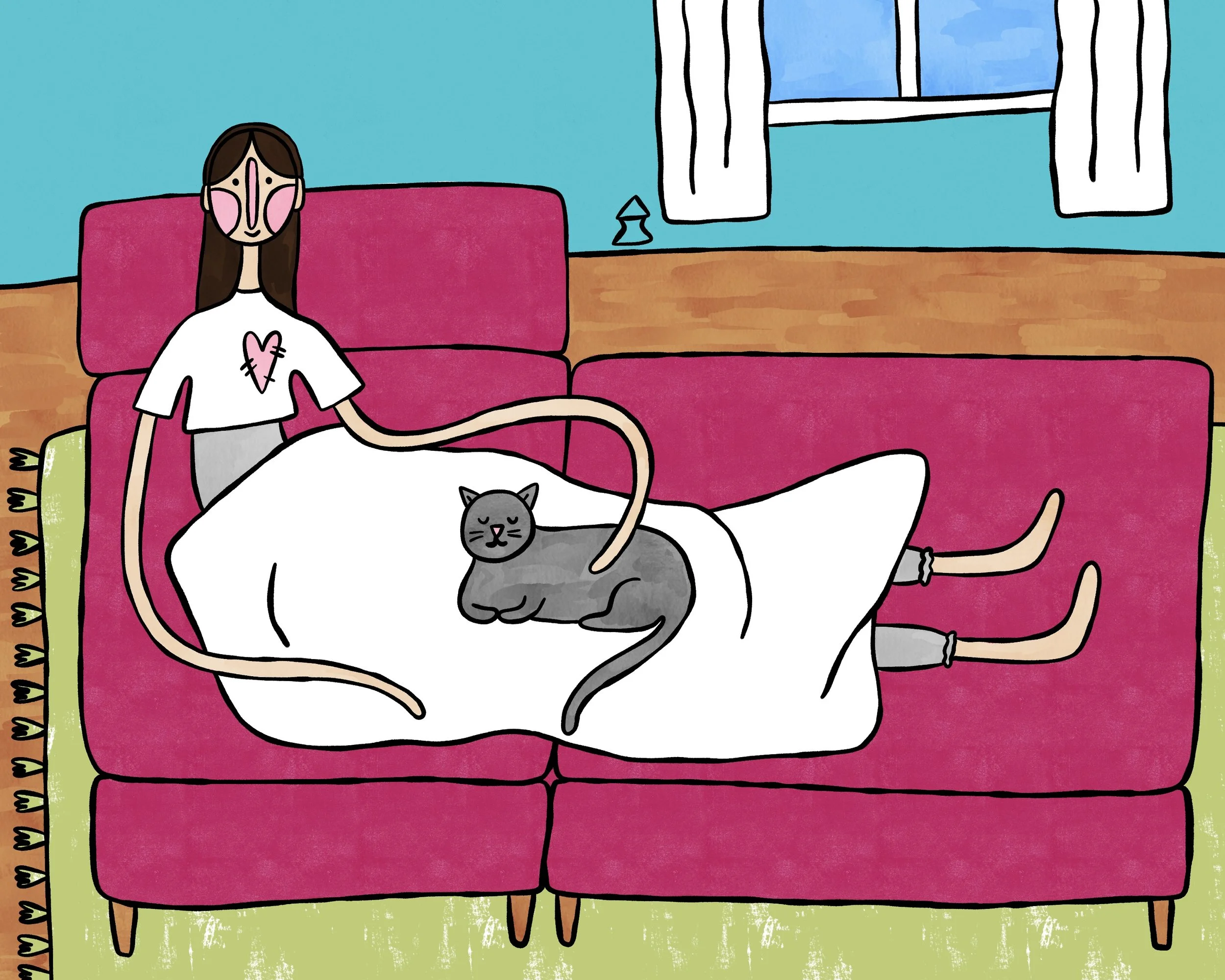 "cuddles with a cat on a couch" 