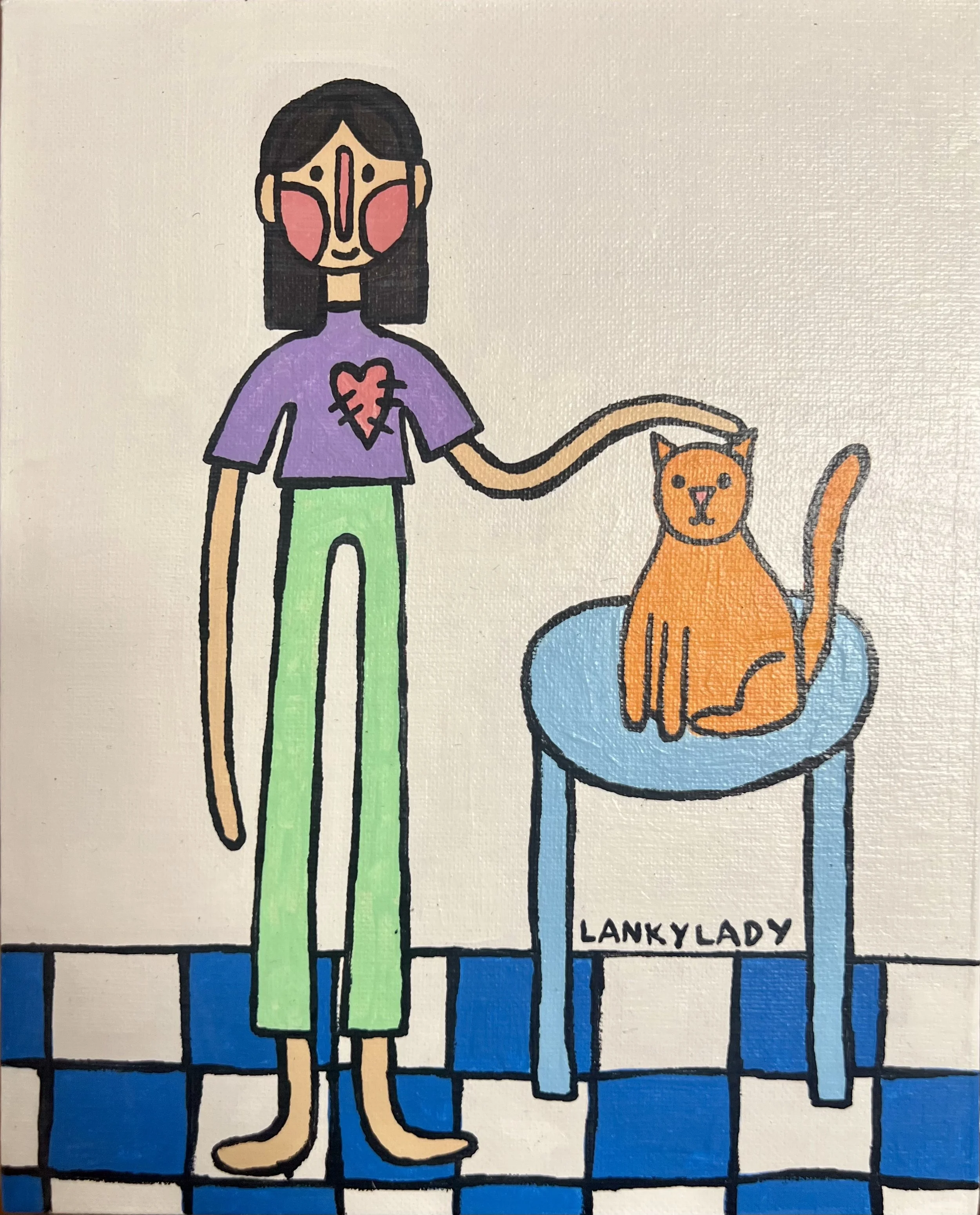 'lady with orange cat' acrylic paint on canvas board, 8 x 10 inches 