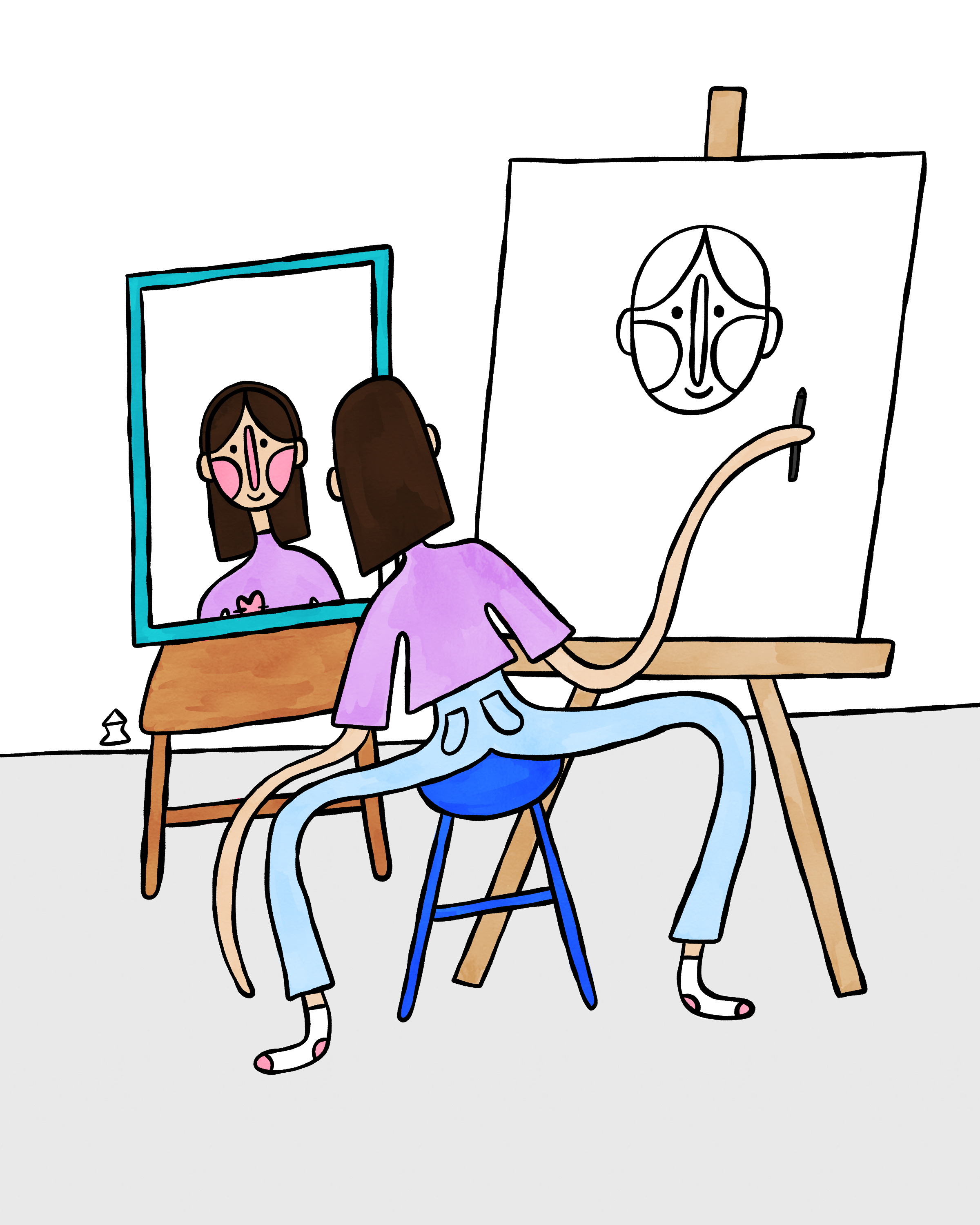 "lanky lady interpretation of Norman Rockwell's triple self portrait" 