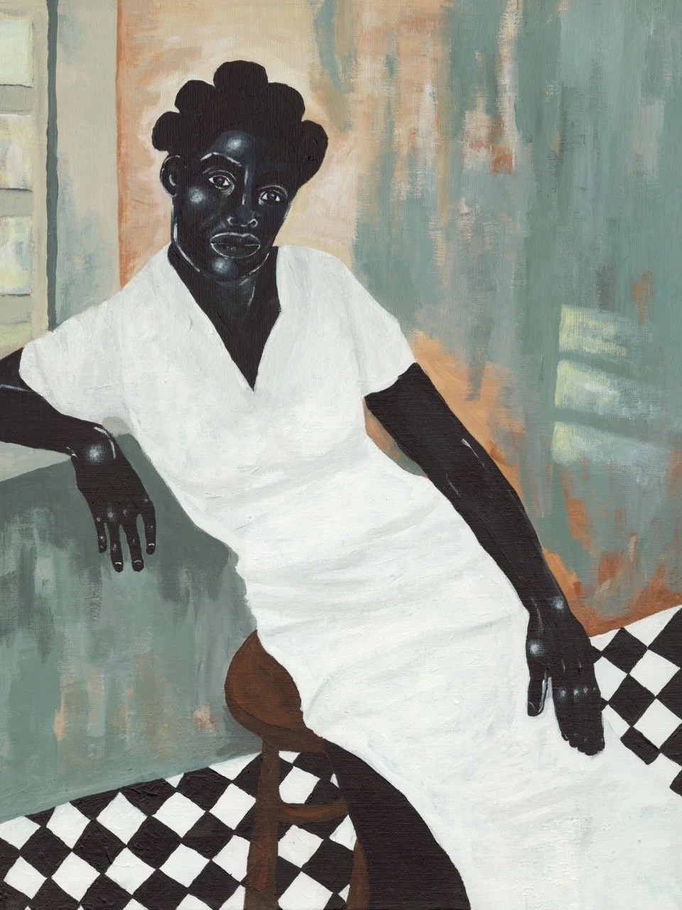 Figurative abstract artwork featuring a Black woman leaning against a wall with a faded teal and cream background. Artwork created by Farmboy Artist Partner Leslie Adkins.