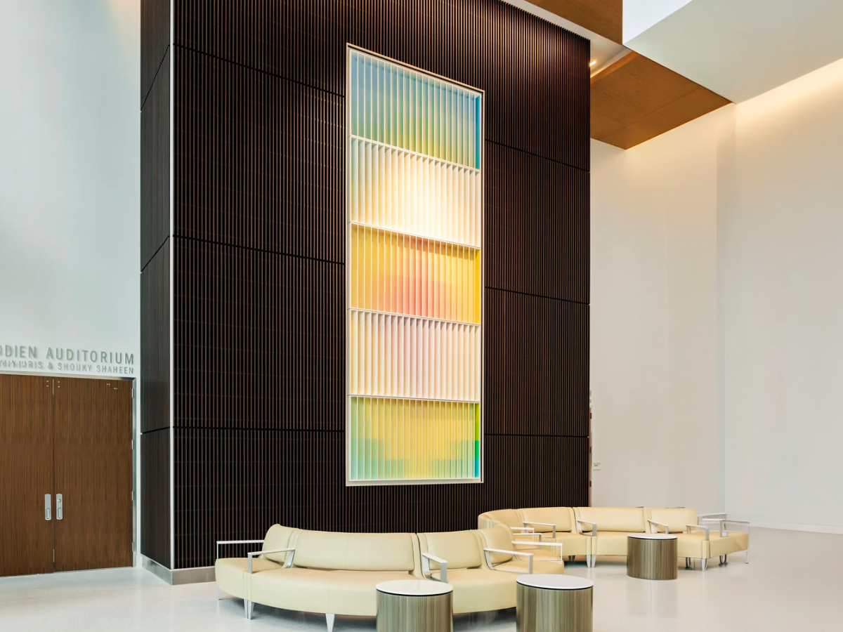 Large-scale commissioned artwork in a double-height lobby