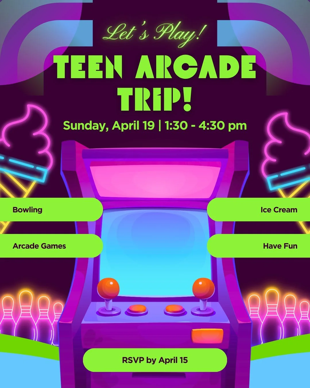 Level up your Sunday at Round 1 in Exton. Join us for an afternoon of bowling, unlimited arcade games, and ice cream with Beth Chaim teens.

Where Round 1 Bowling and Arcade in Exton
When Sunday, April 19
Time 1:30 to 4:00 PM

Meet at the synagogue a