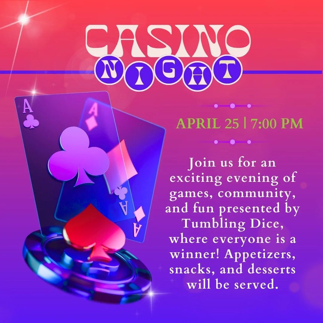 The countdown is on!

Join us on April 25 at 7:00 PM for Casino Night at Beth Chaim, an evening of games, community, and fun presented by Tumbling Dice. Everyone is a winner, and appetizers, snacks, and desserts will be served. No experience is neede