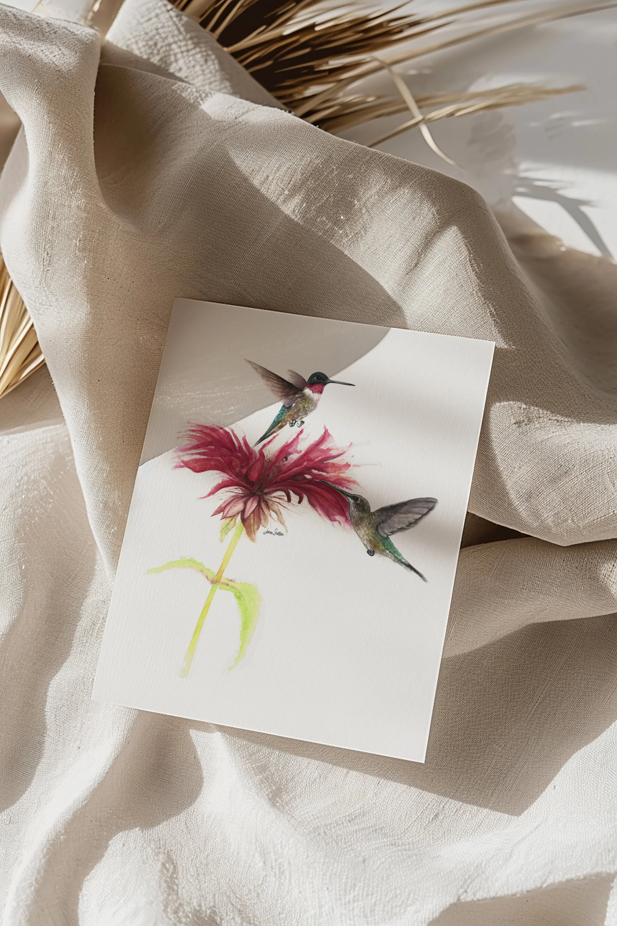 Ruby-Throated Hummingbirds and Red Bee Balm Art Print