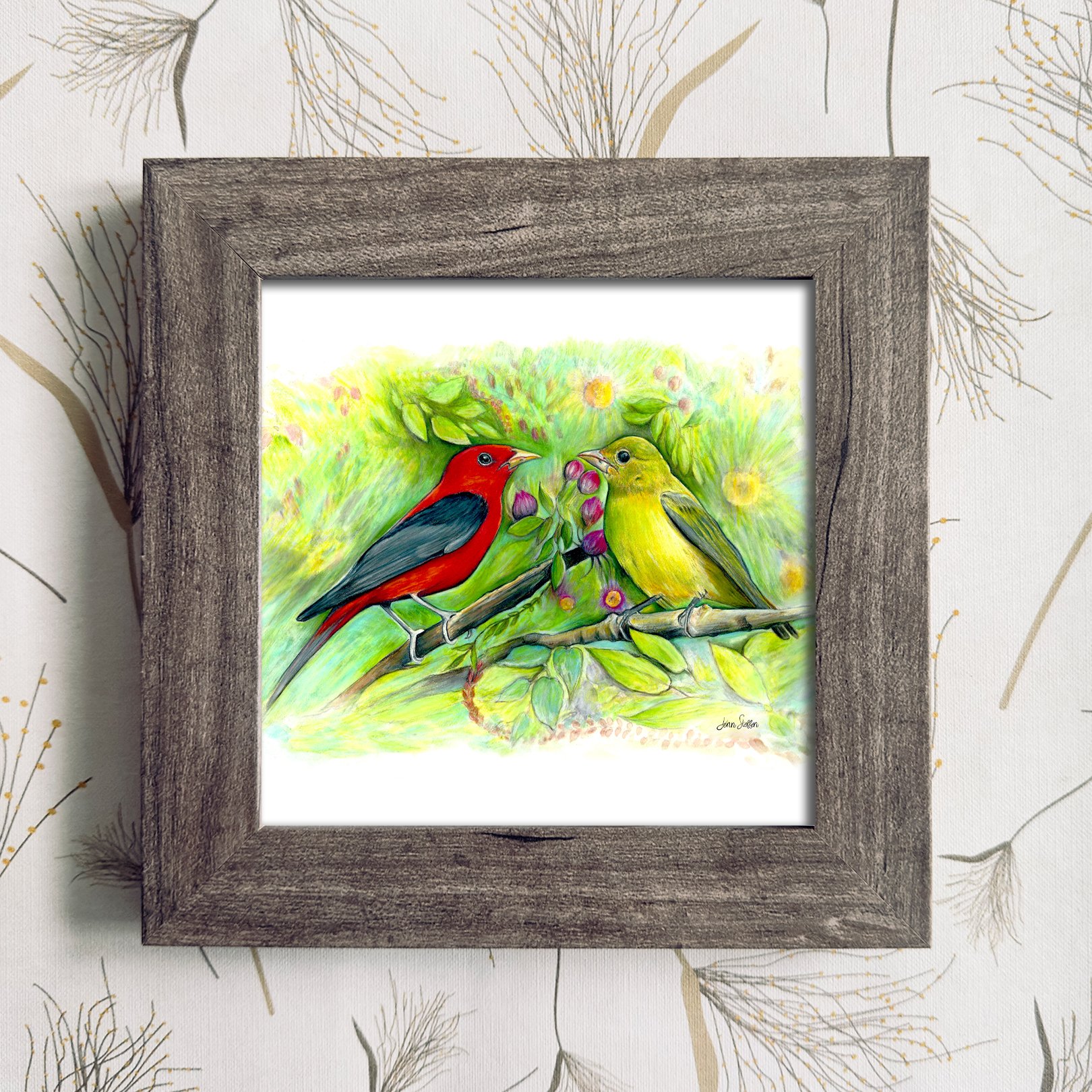 Scarlet_Tanagers_2_Natural Frame Color_JennSteffenArt.jpg