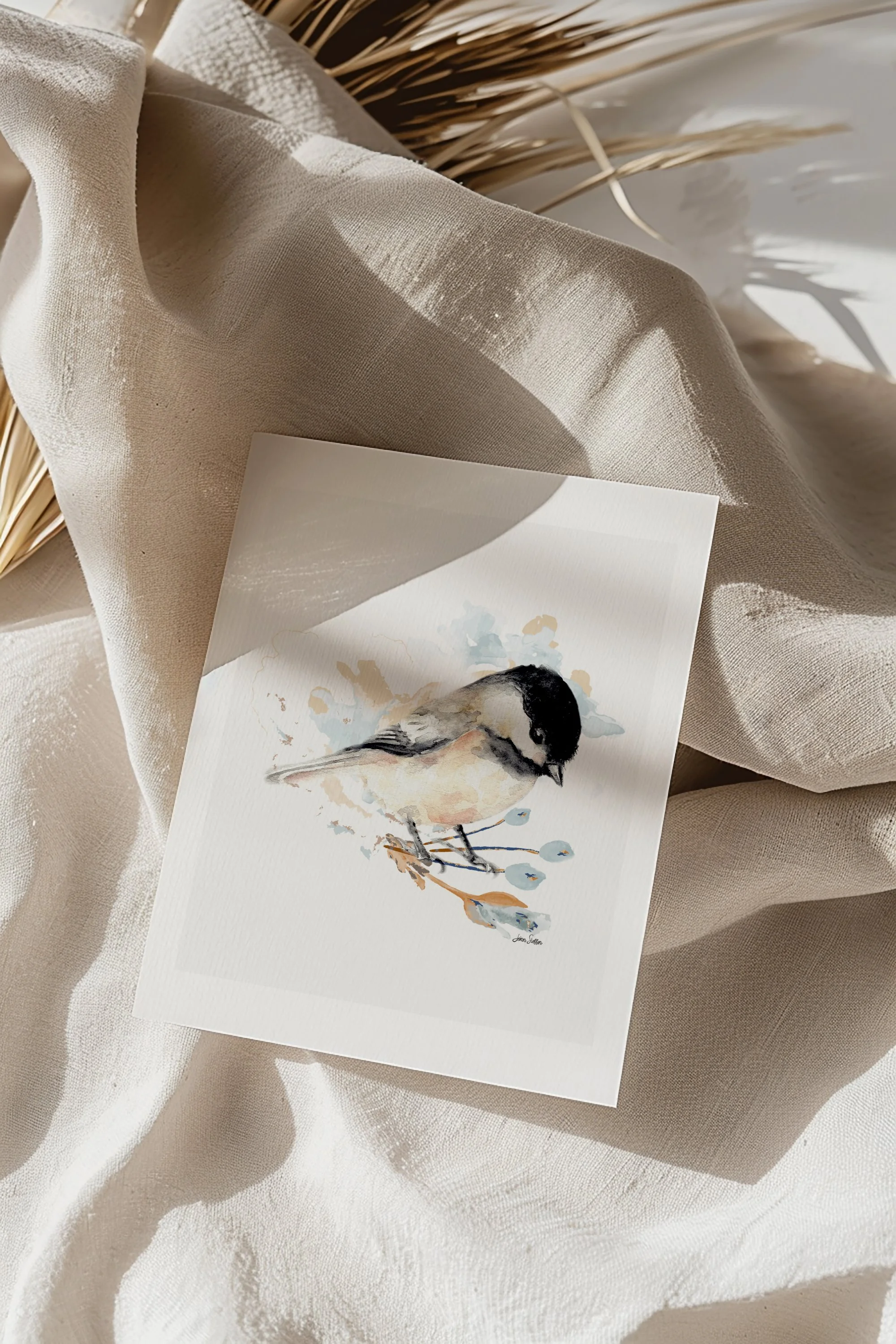 Adorable Watercolor Chickadee With Flowers Looking Down