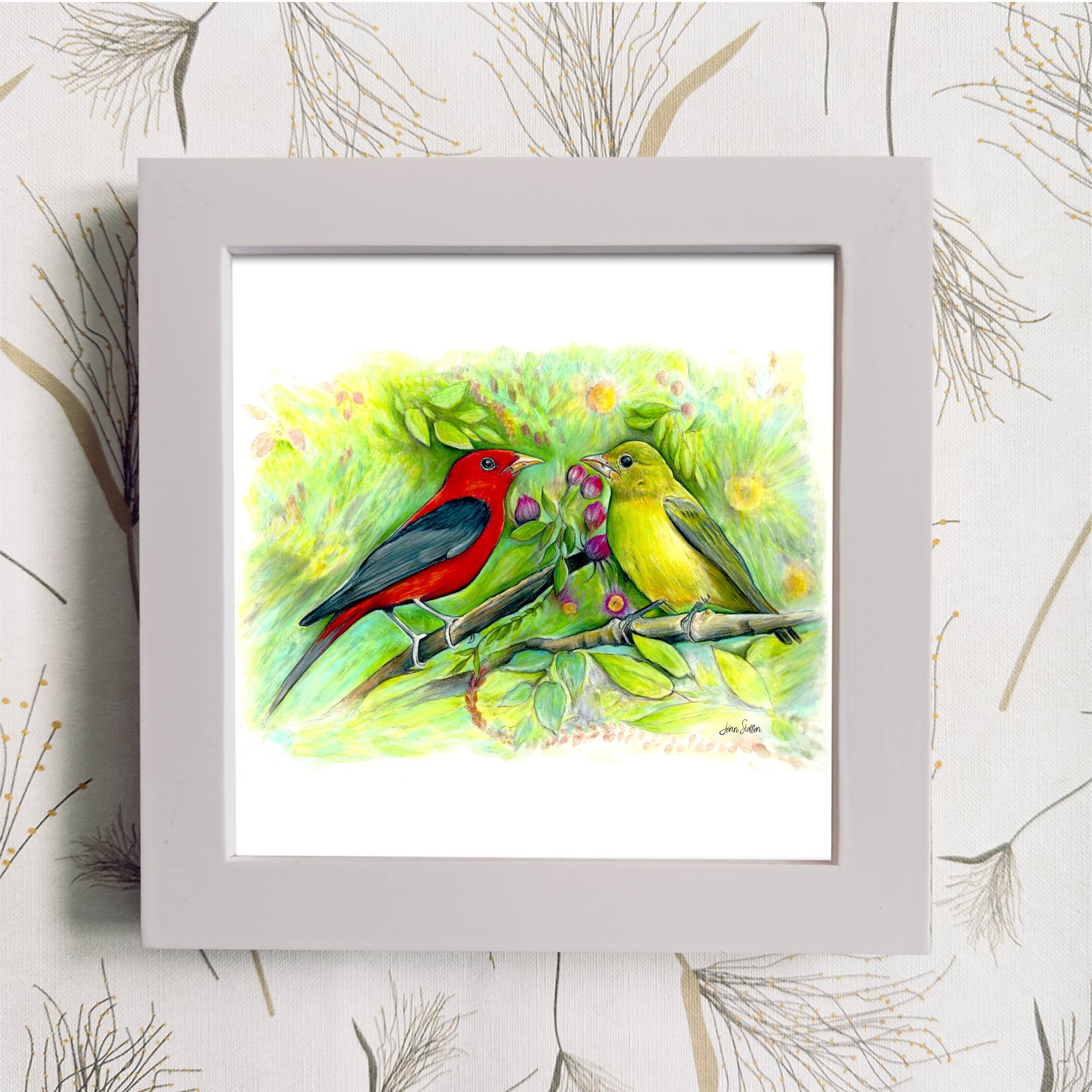 Scarlet_Tanagers_2_White Frame Color_JennSteffenArt.jpg