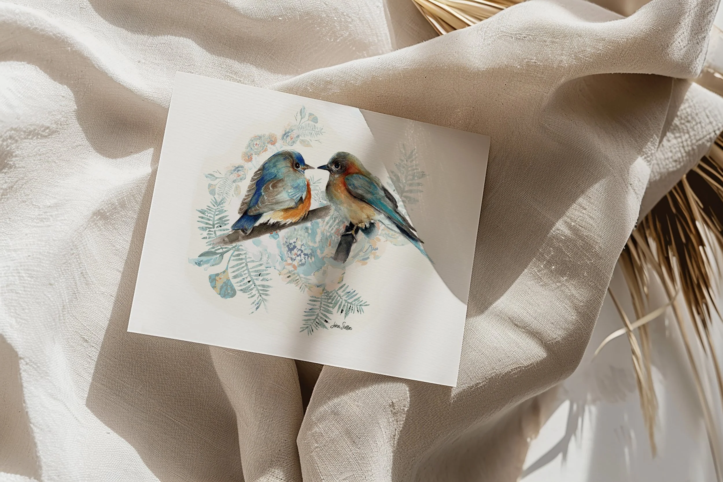 Bluebird Couple Watercolor Art Print with Delicate Florals