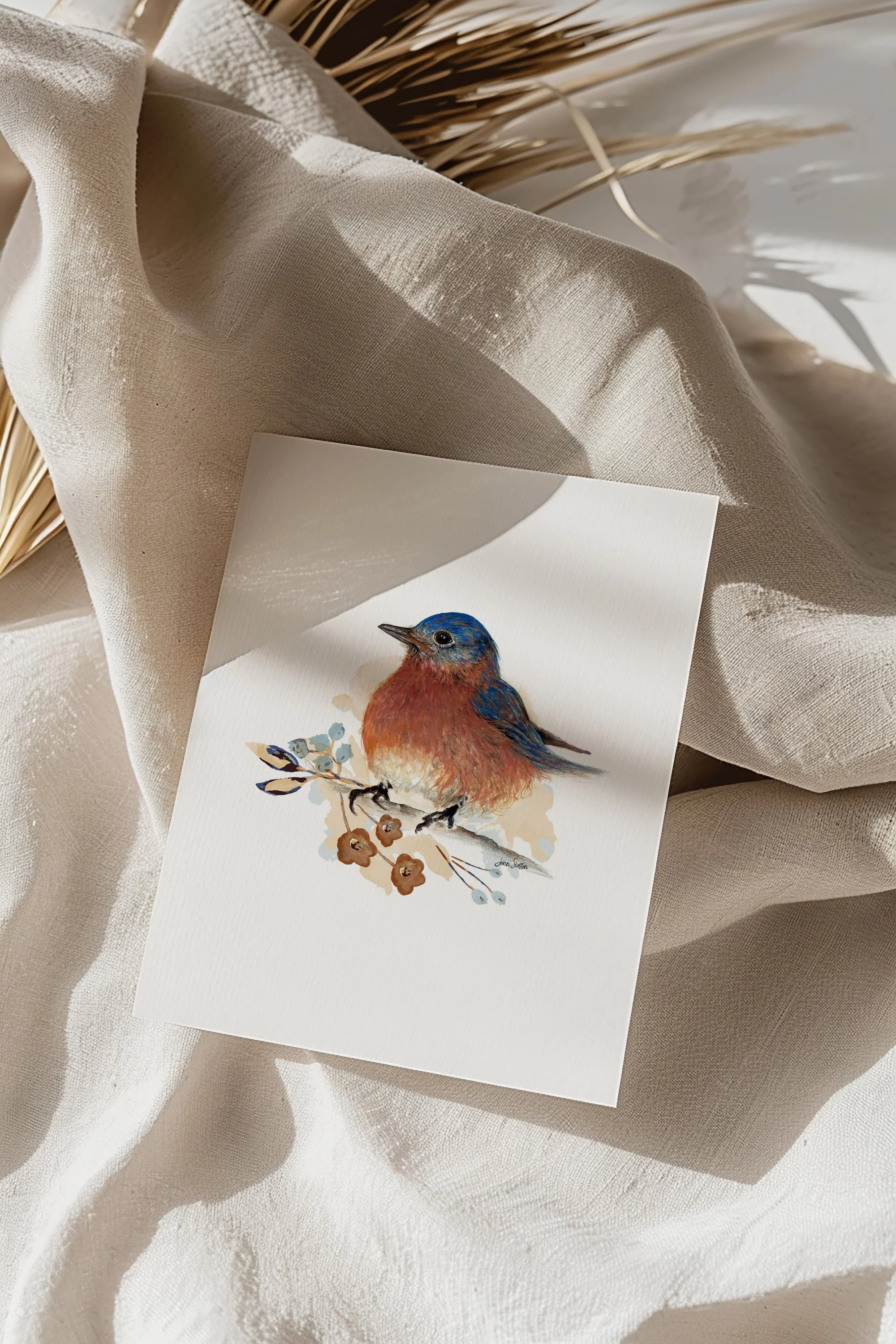 Watercolor And Colored Pencil Bluebird on Branch with Flowers