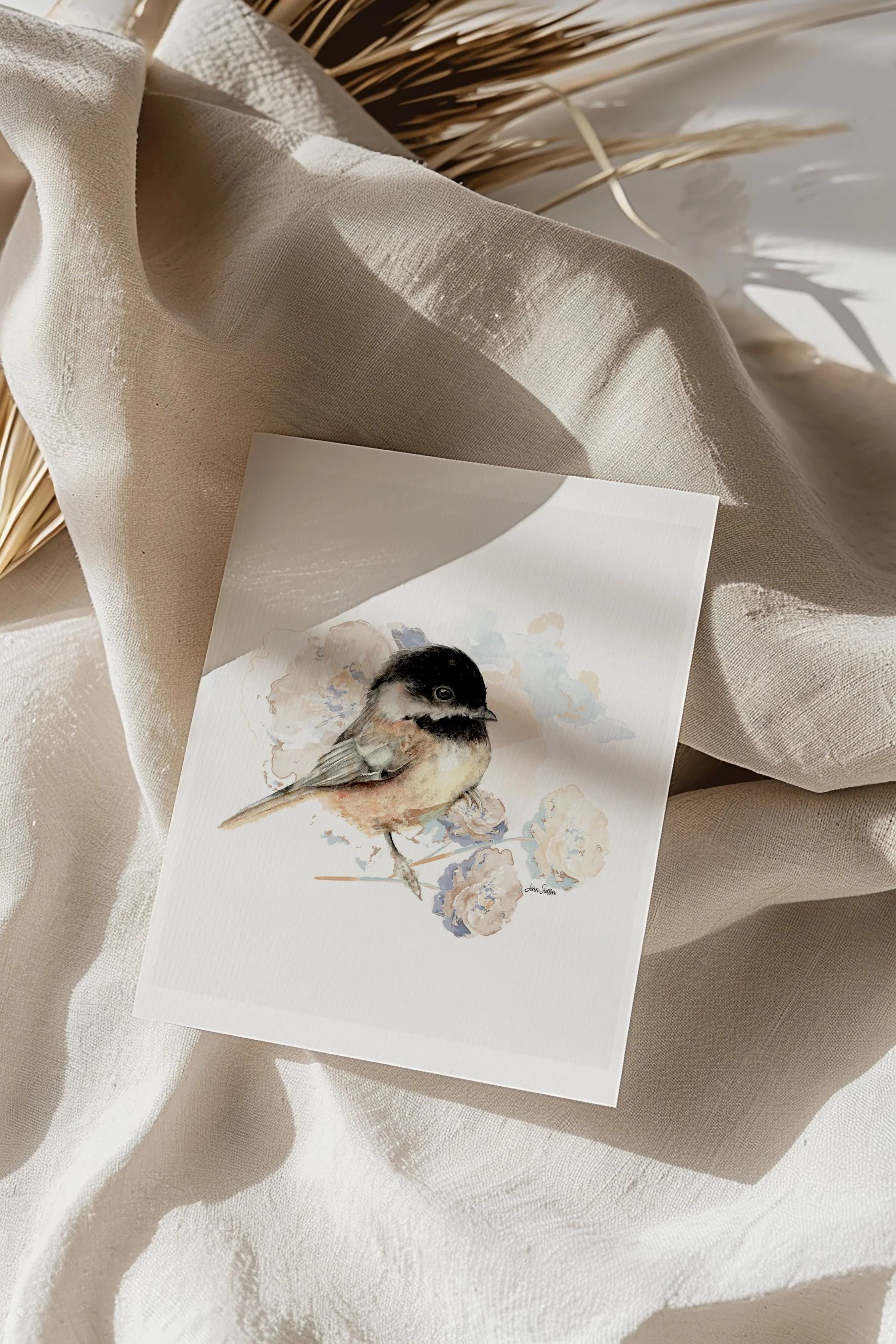 Cute Watercolor Chickadee with Delicate Flowers Art Print