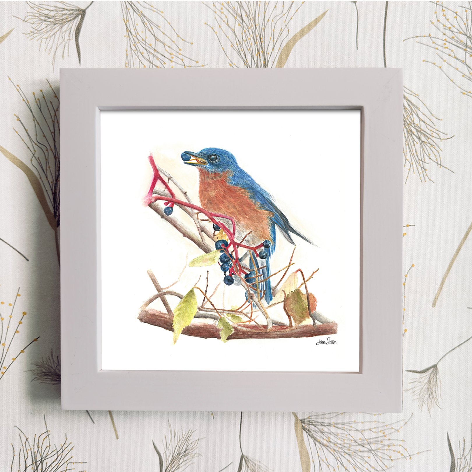 Bluebird_Berries_White Frame Color_JennSteffenArt.jpg