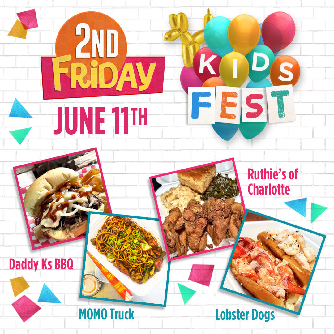 You asked for it and we are bringing it! 🍴🚛🍴🚛Double the food and beverage options for this edition of 2nd Friday - Kids Fest! Enjoy a scrumptious meal from Ruthie's of Charlotte, Momo Truck, Daddy K's BBQ, or Lobster Dogs-Food Truck! Sweet Treats