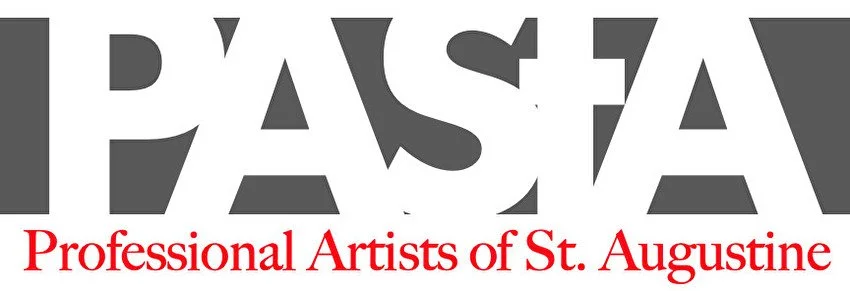 The word PASA in large gray letters with a lightning bolt between the P and A, and the phrase "Professional Artists of St. Augustine" in red underneath.