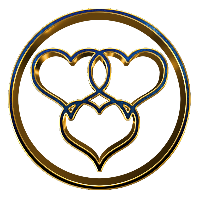Goldenes Symbol mit drei verbundenen Herzen in einem Kreis, blau umrandet.