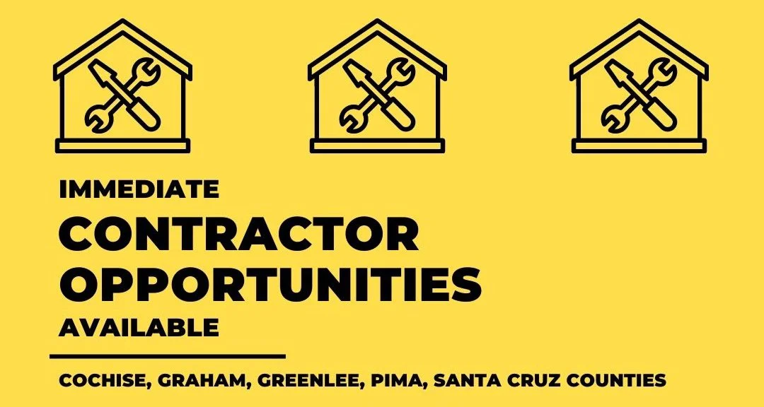 Illustrations of homes with construction tools inside of them. The words, Immediate Contractor Opportunities Available, appear on the graphic.