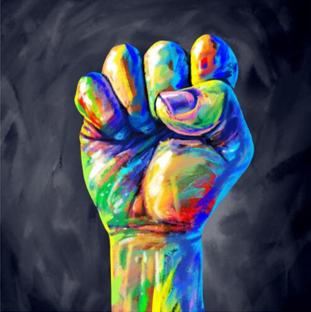 Fist in the air to signify power