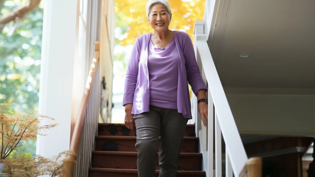 Ann elderly Asian lady walks down a wooden staircase at home; she holds the railing.
