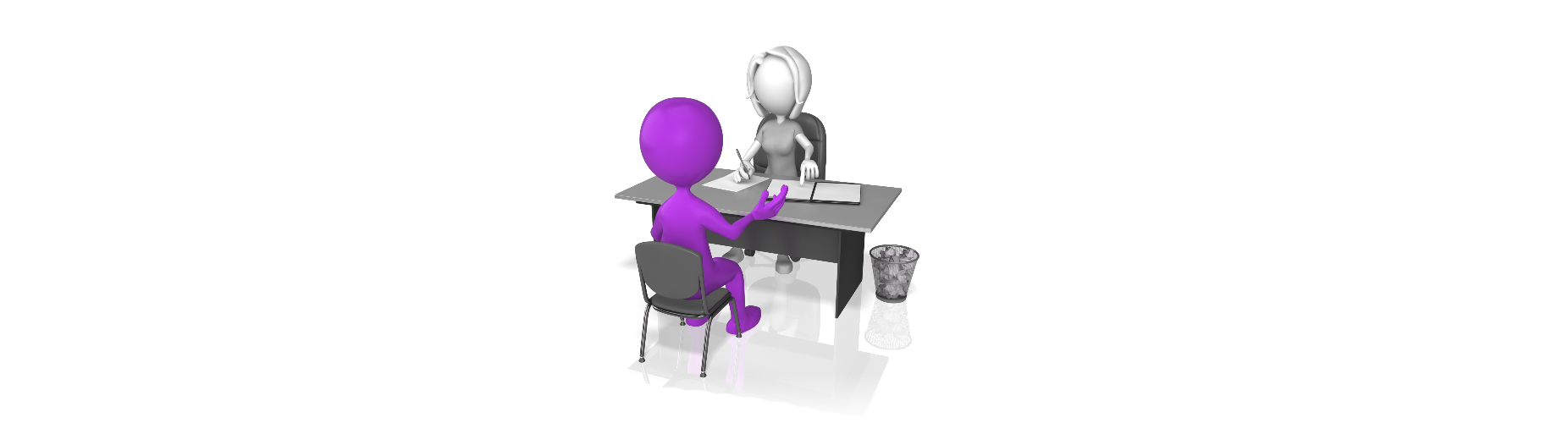 A male and female cartoon illustration sit at a desk conducting an interview.