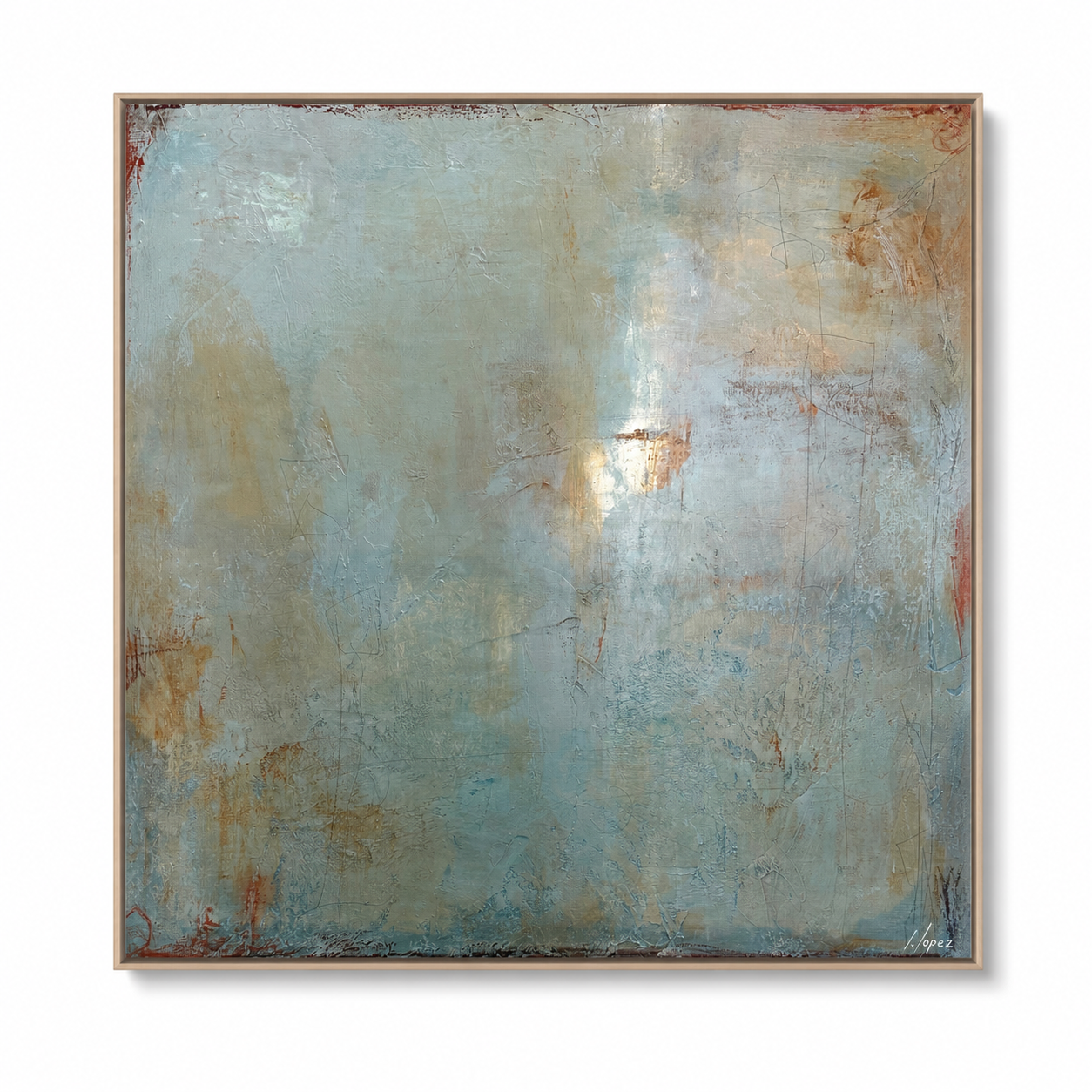 Trust the current , original 36 x 36 abstract painting by miami artist Ivette lopez featuring blue and neutral tones.