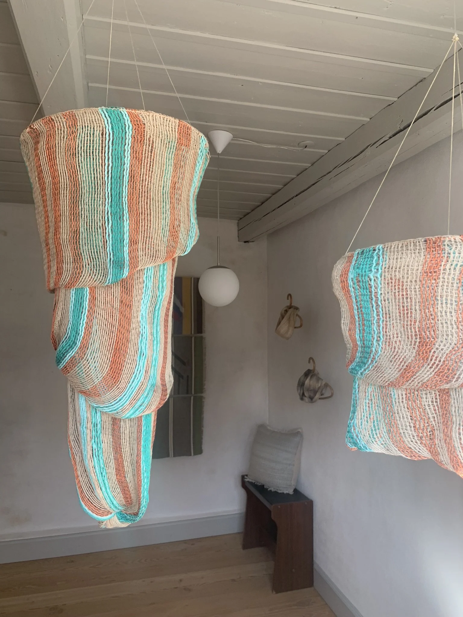 Handwoven Sea Creature Hangings. 
Linen, mercerised cotton and high twist yarns woven in the leno technique.
Exhibited in Denmark 2022