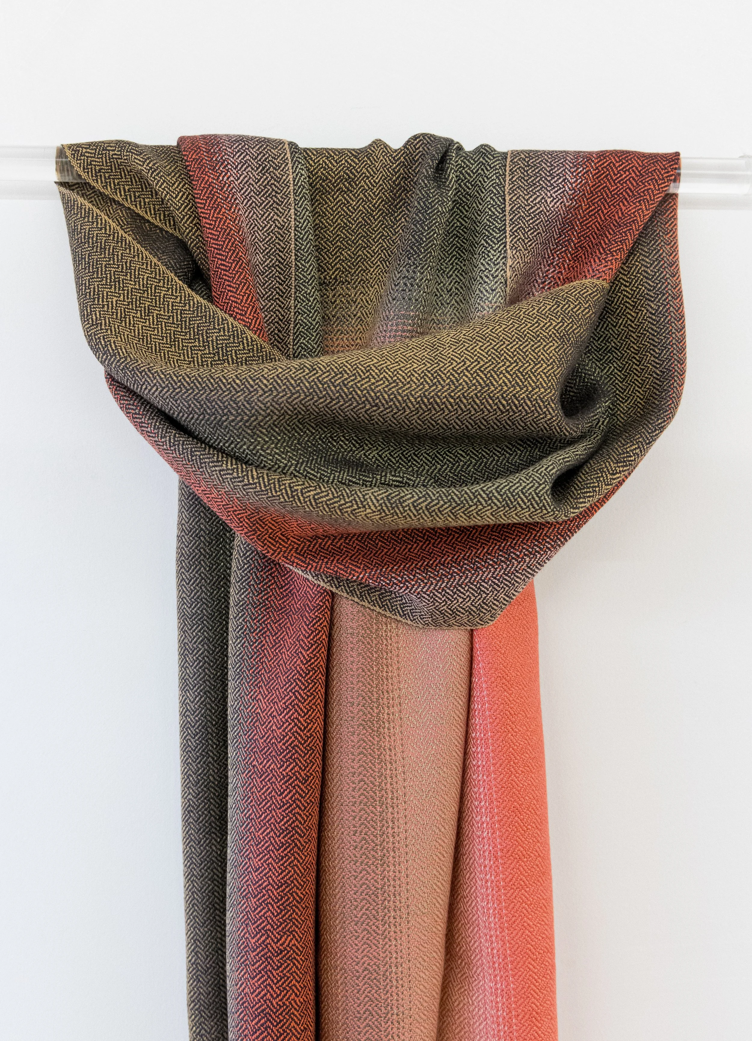 Handwoven Silk Scarf 
Deadstock silk woven in plaited twill.
Exhibited at Whitchurch Silk Mill 2023