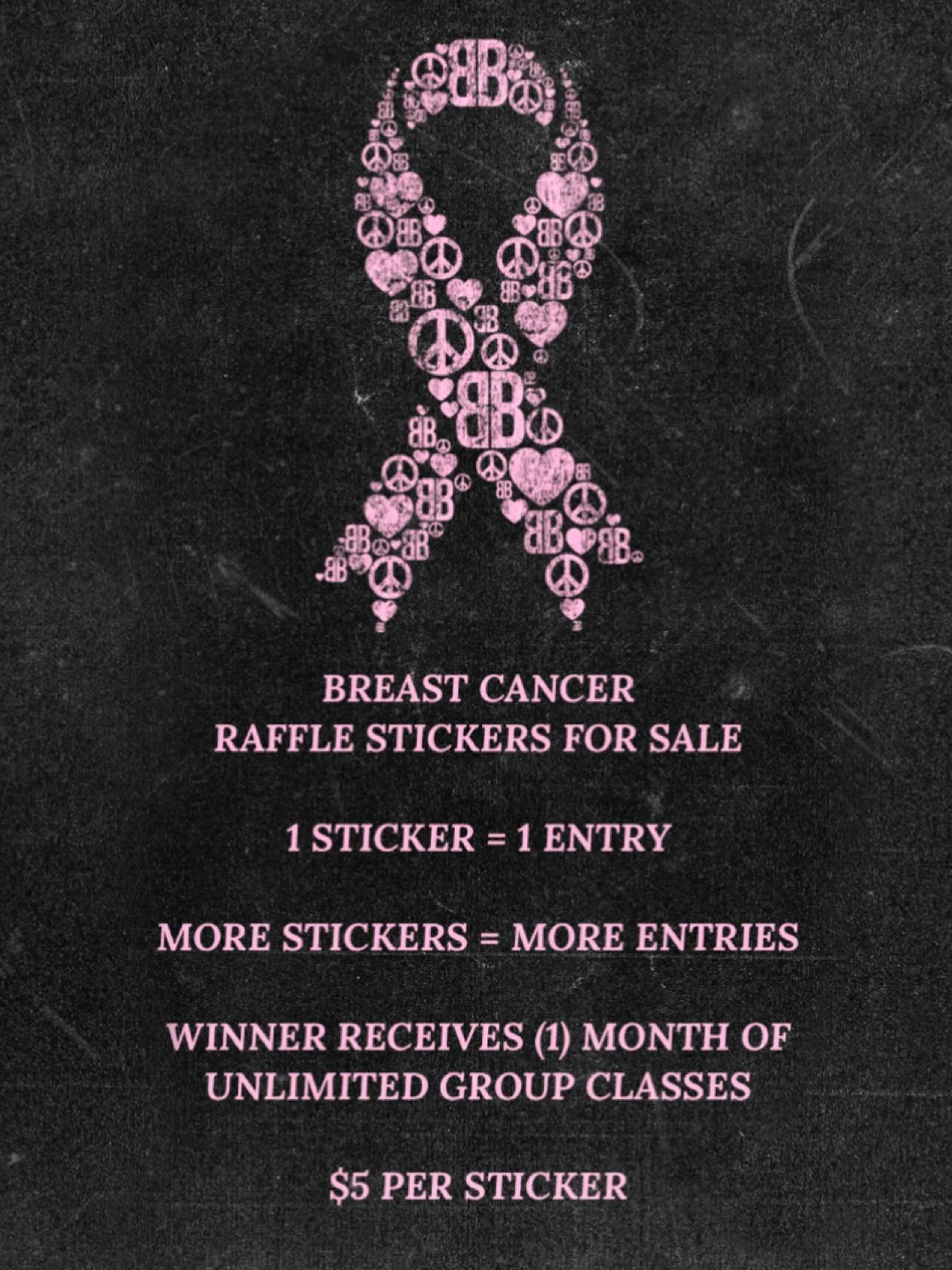 @bileaubuilt breast cancer raffle stickers are now available for sale at the studio! Each ticket will enter you for a chance to win (1) month of unlimited group sessions. More tickets means more entries. Each ticket is 5.00 and all money raised will 
