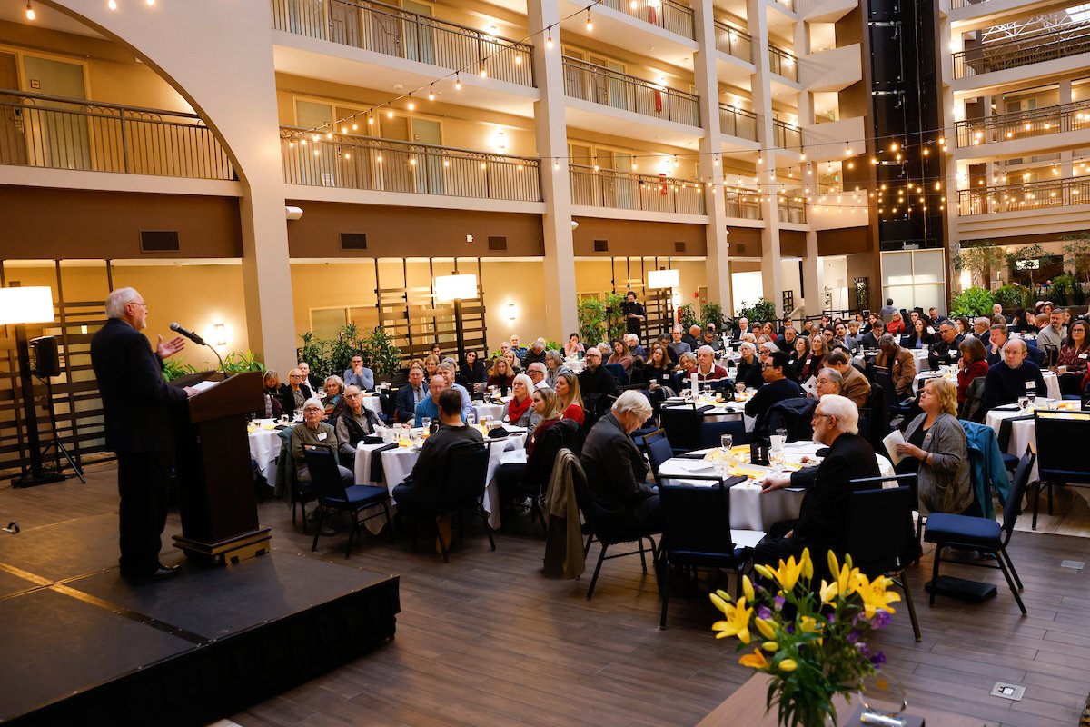 WashCOG President Mike Fancher speaks to the crowd at the Washington Coalition for Open Government's annual Sunshine Breakfast honoring open-government advocates on March 13, 2026. -- Photo by Karen Ducey, The Seattle Times   (Click to page through t