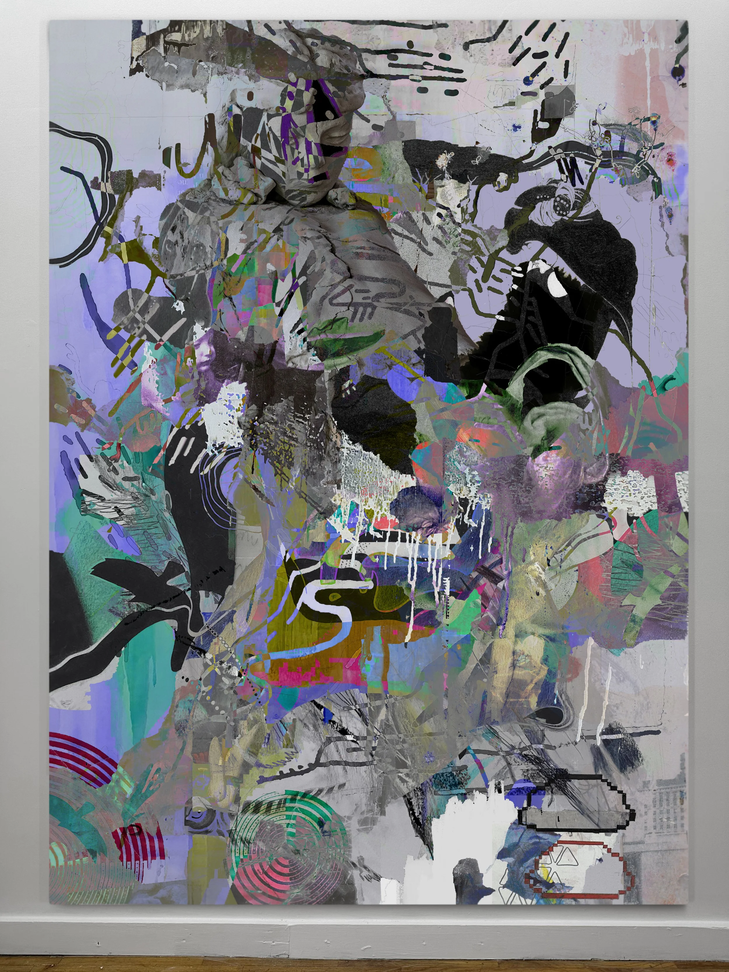 Elvira | oil, graphite, colored pencils, photo transfers, marker, and ultraviolet print on canvas | 92" x 67.5"