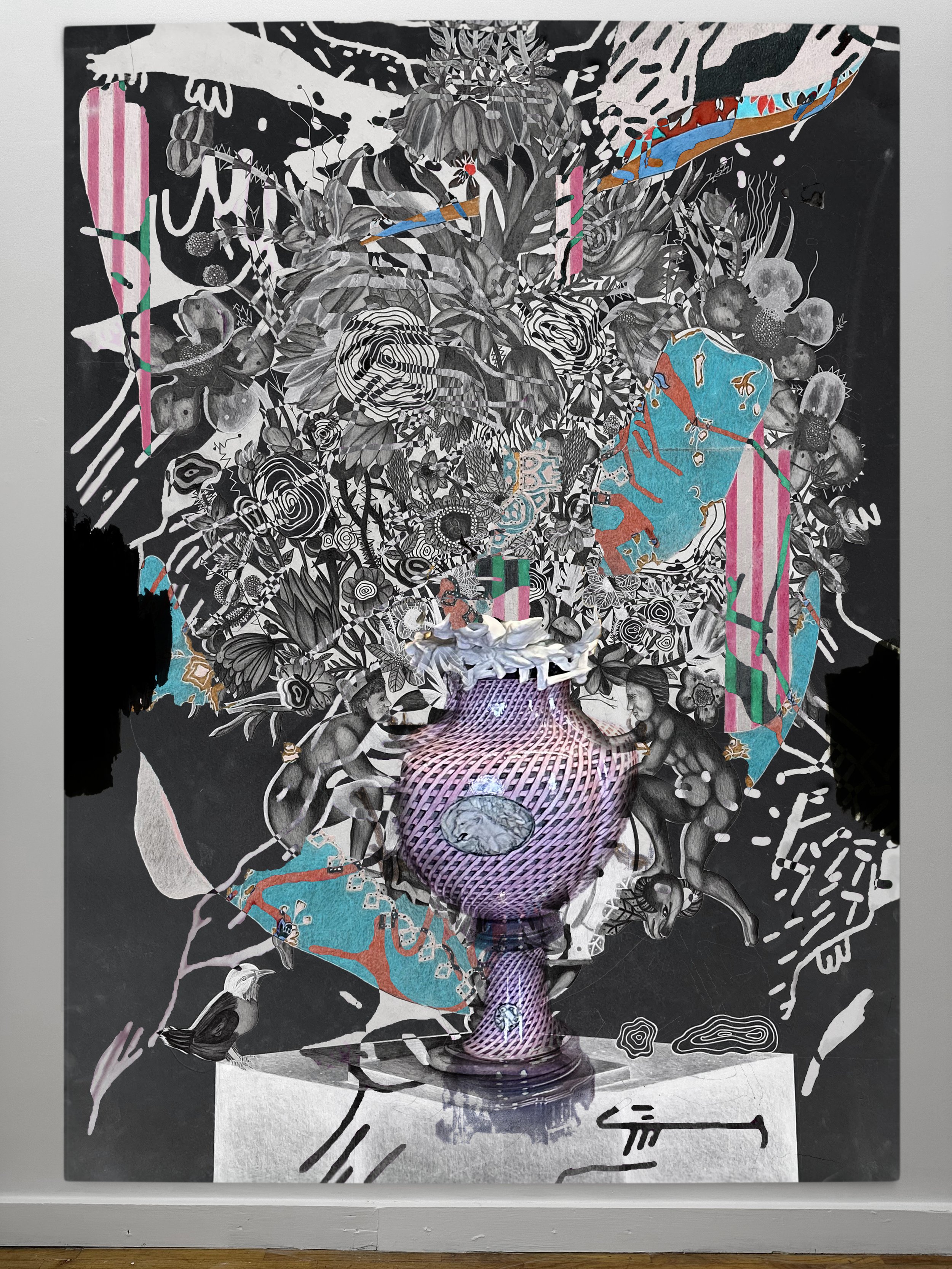 As Above, So Below | oil, graphite, colored pencils, photo transfers, marker, and ultraviolet print on canvas | 92" x 67.5"