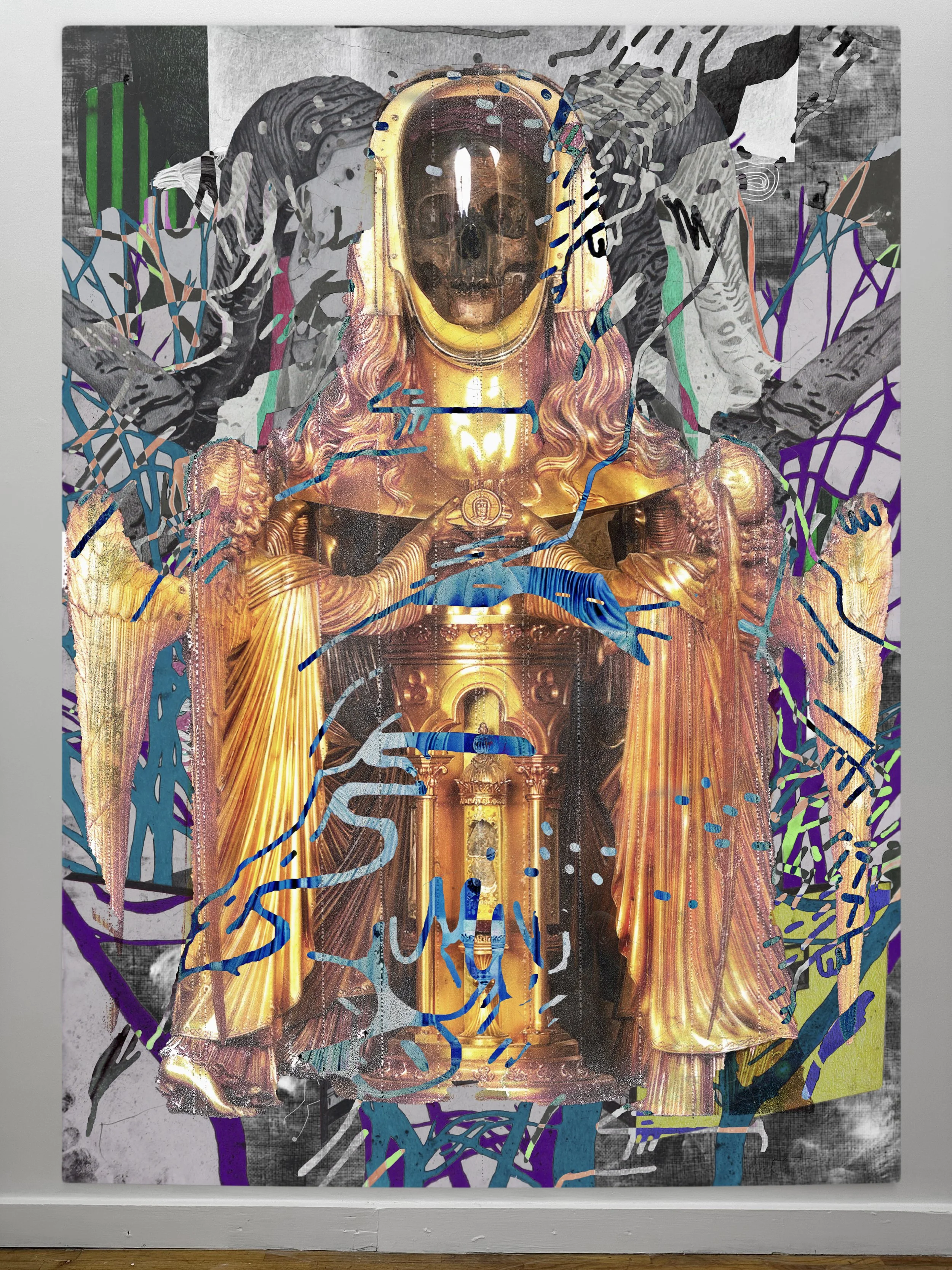The Relics of Mary | oil, graphite, colored pencils, photo transfers, marker, and ultraviolet print on canvas | 92" x 67.5"