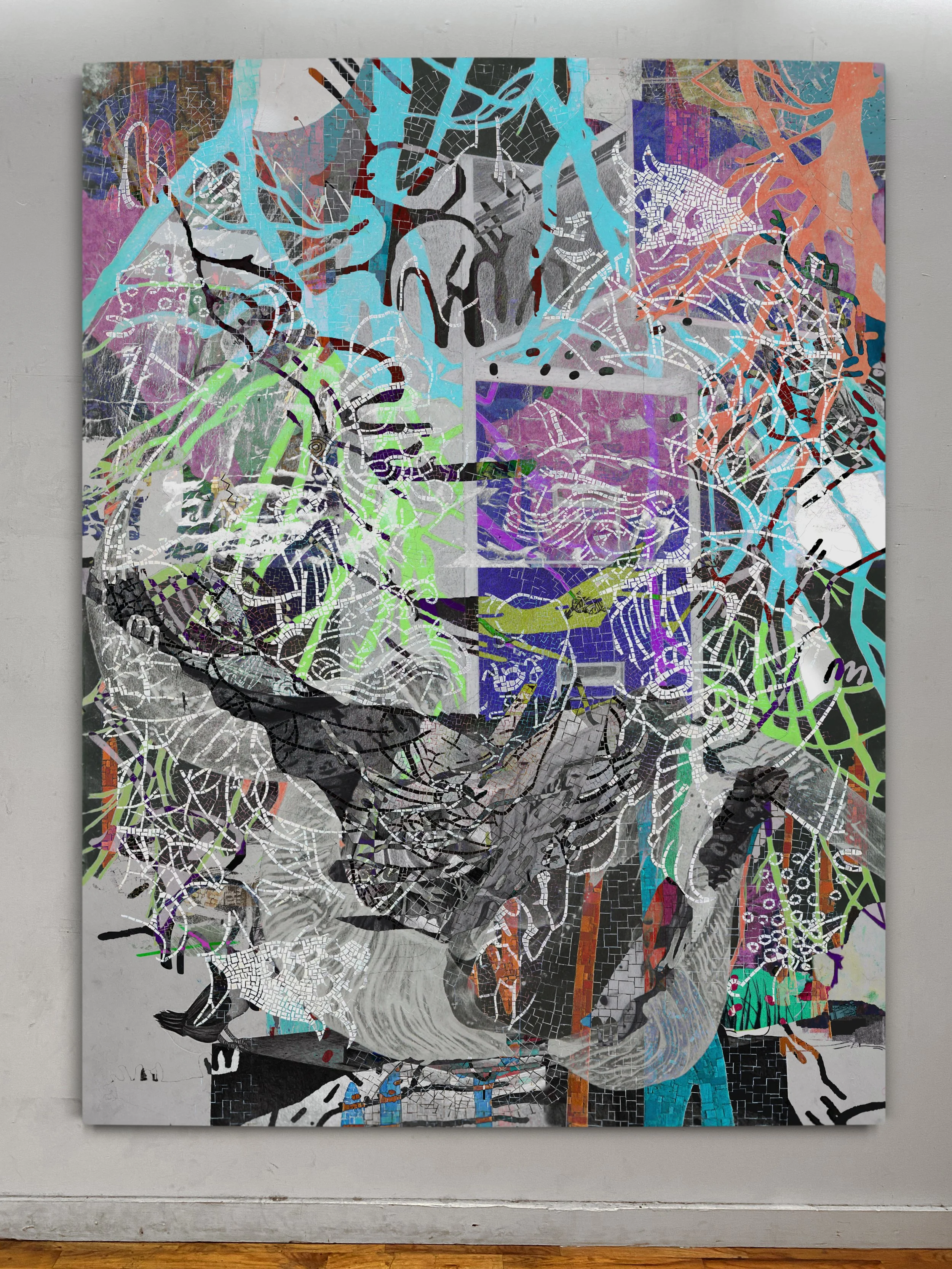 Blue Sabbath | oil, graphite, colored pencils, photo transfers, marker, and ultraviolet print on canvas | 92" x 67.5"
