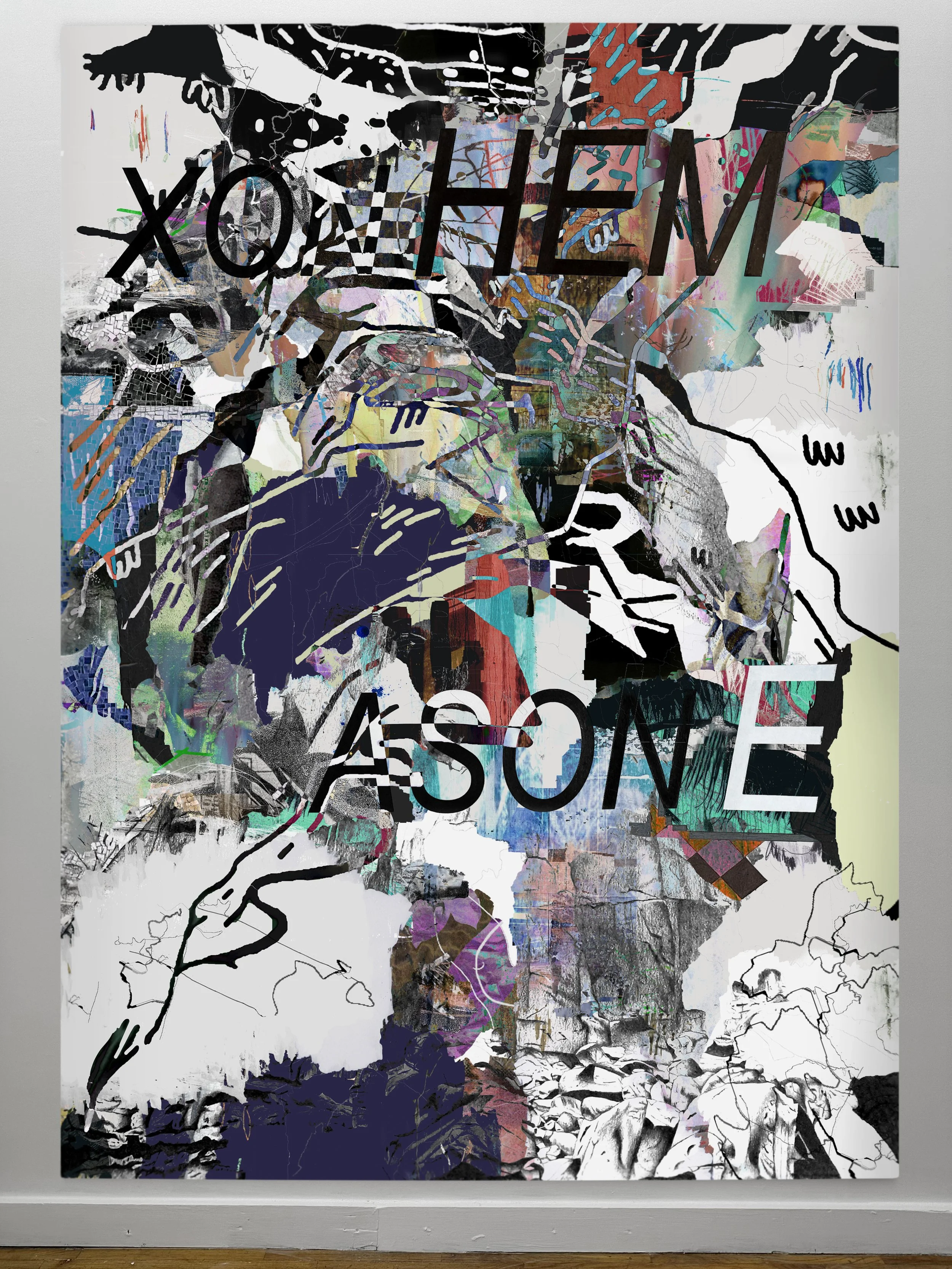 xo HEM ASON E | oil, graphite, colored pencils, photo transfers, marker, and ultraviolet print on canvas | 92" x 67.5"